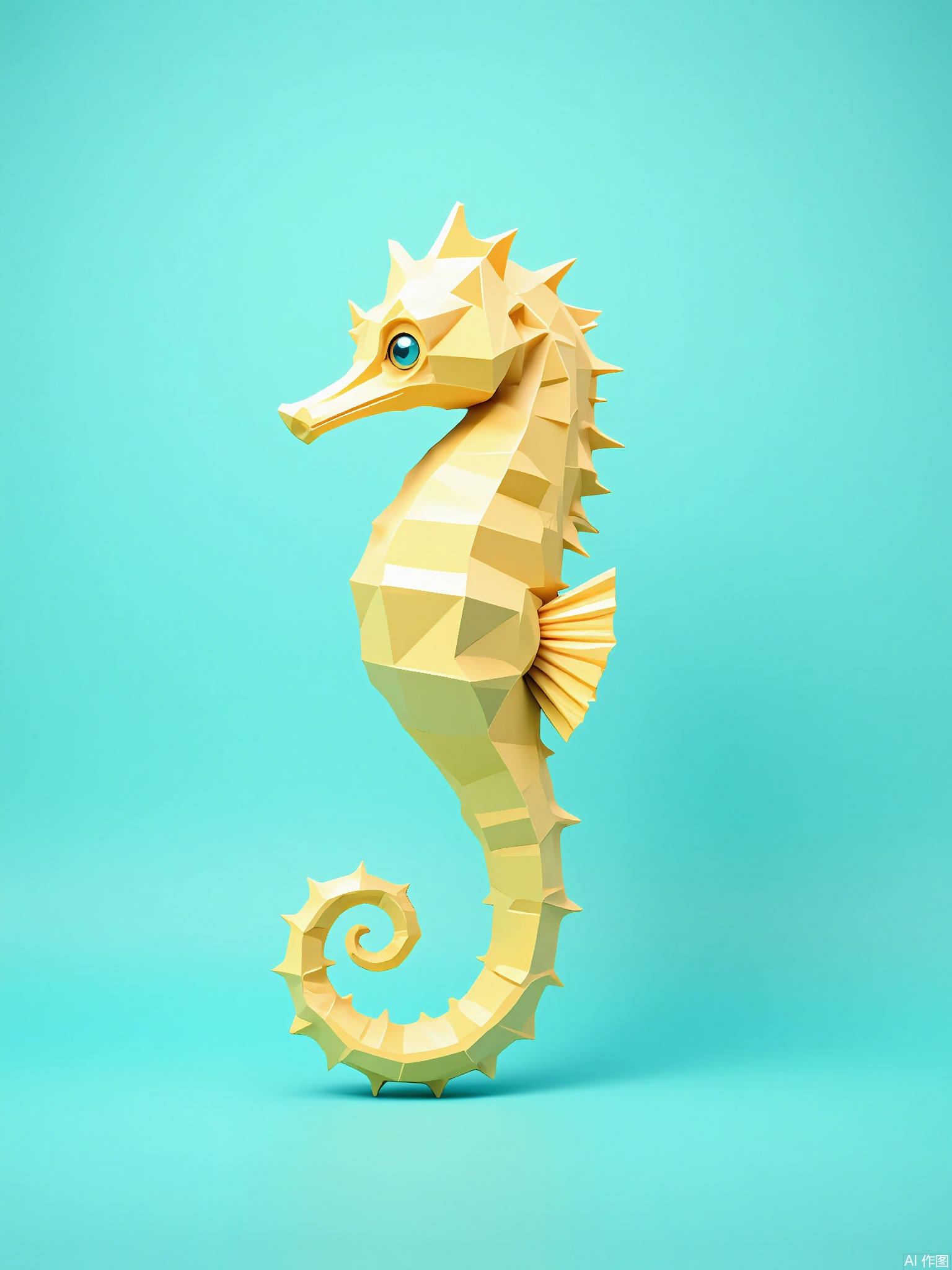 DBX, a digital illustration of a seahorse, depicts a tranquil ocean scene in soft turquoise. The seahorse is designed with geometric polygon patterns, boasting a pastel yellow body and a curled, delicate tail. The background is a plain turquoise hue, enhancing the seahorse's gentle elegance. Positioned in the center, the seahorse appears to float effortlessly, surrounded by an air of calm. This illustration has a contemporary, dreamy aesthetic with clean lines and a soothing color scheme.
