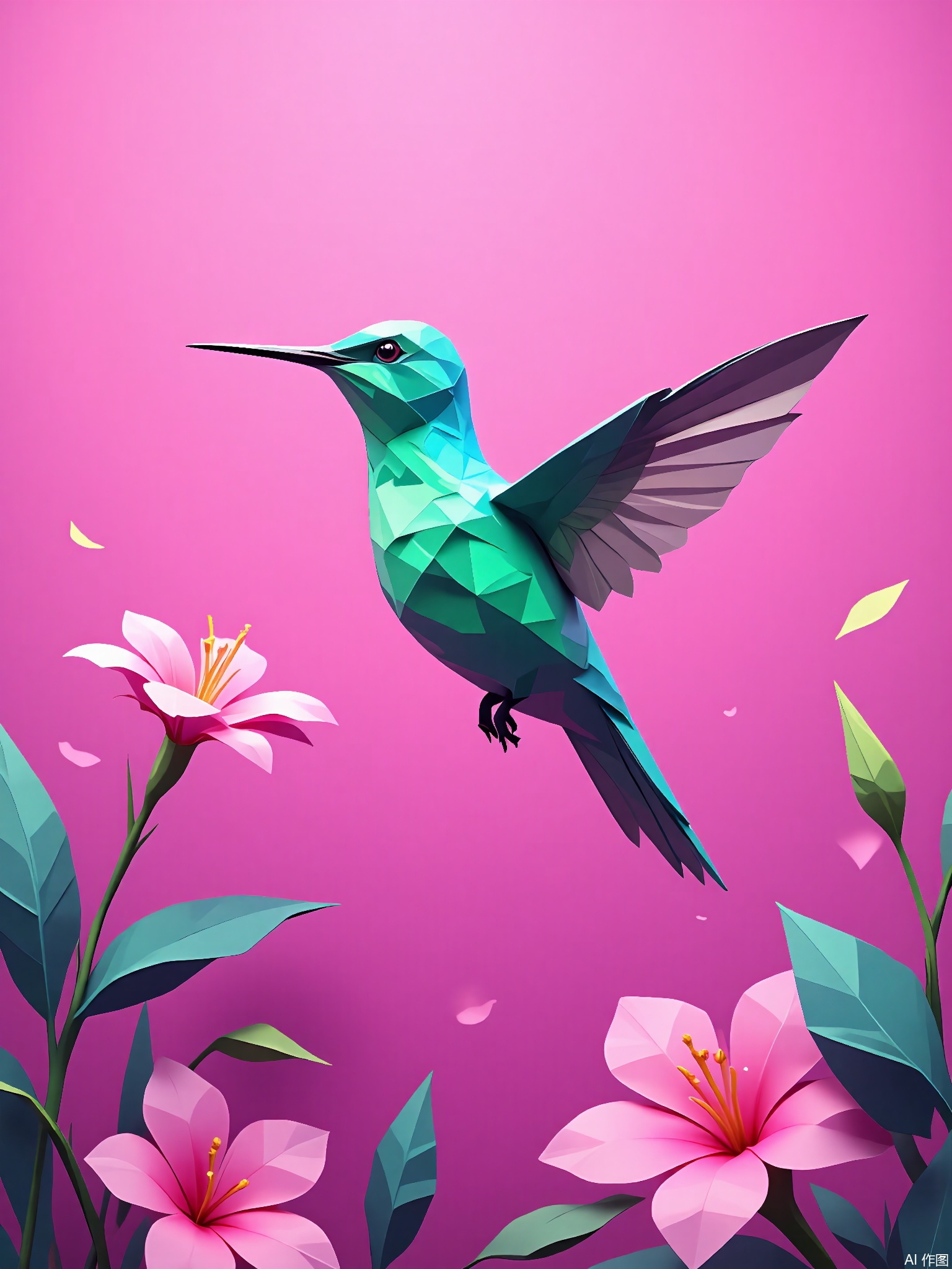 DBX, a digital illustration of a hummingbird, depicts a blooming garden in magenta. The hummingbird is designed with geometric polygon patterns, showcasing iridescent green-blue feathers and a long, slender beak. The background is a gradient of magenta, from a deep fuchsia at the top to a pale pink at the bottom, adding to the scene's vibrancy and energy. The hummingbird hovers centrally near a stylized flower, its wings a blur of motion, surrounded by an air of delicate beauty. This illustration has a modern, lively appearance with simple lines and warm, bold colors.
