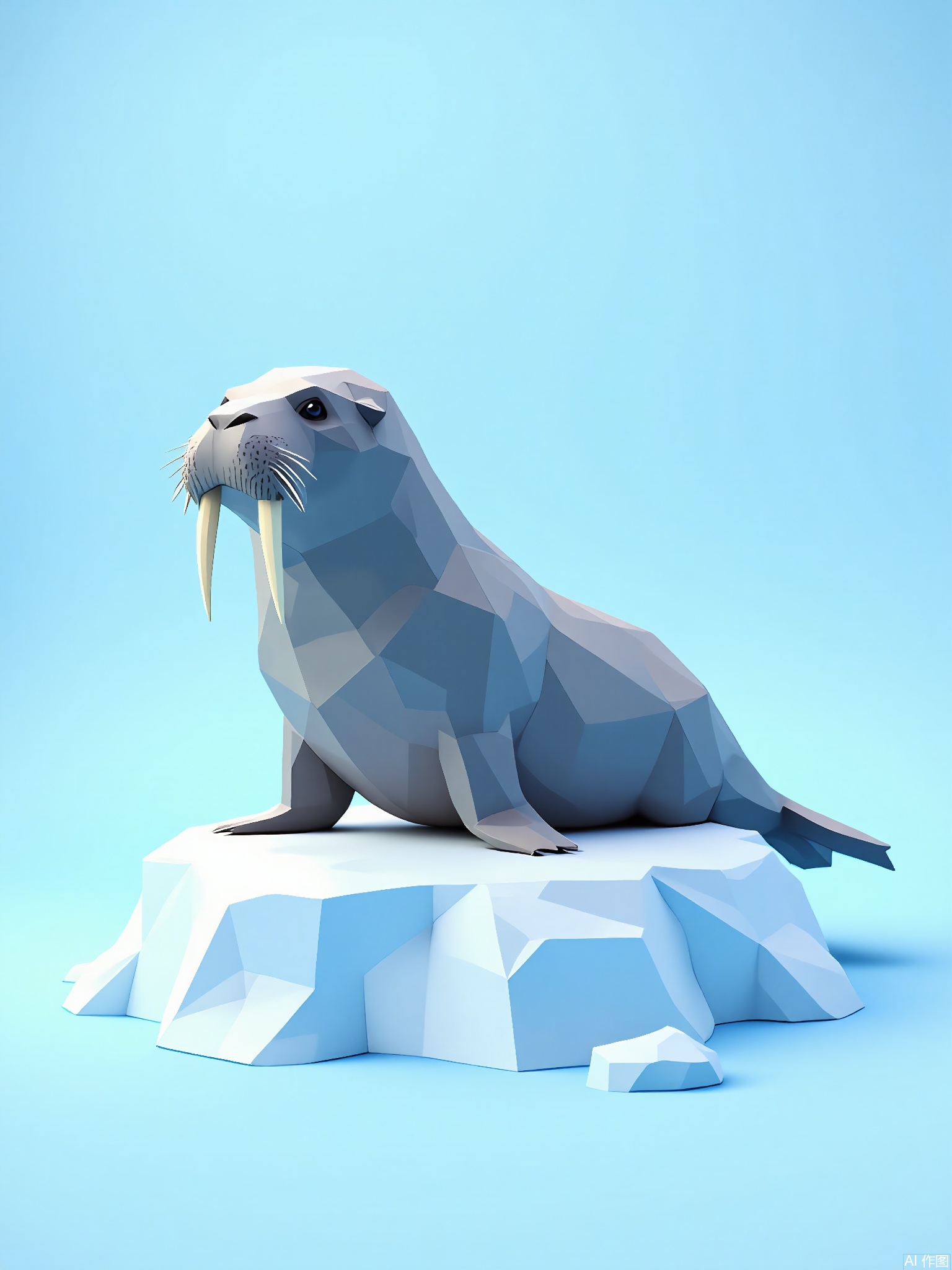 DBX, a digital illustration of a walrus, presents an icy Arctic underwater view in pale blue. The walrus is rendered with geometric polygon patterns, featuring a thick, gray body and long, curved tusks. The background is a simple pale blue hue, emphasizing the walrus's Arctic habitat. Positioned centrally, the walrus lounges on a stylized ice floe, surrounded by an air of cold tranquility. This illustration has a contemporary, majestic feel with clean lines and a cool, icy palette.
