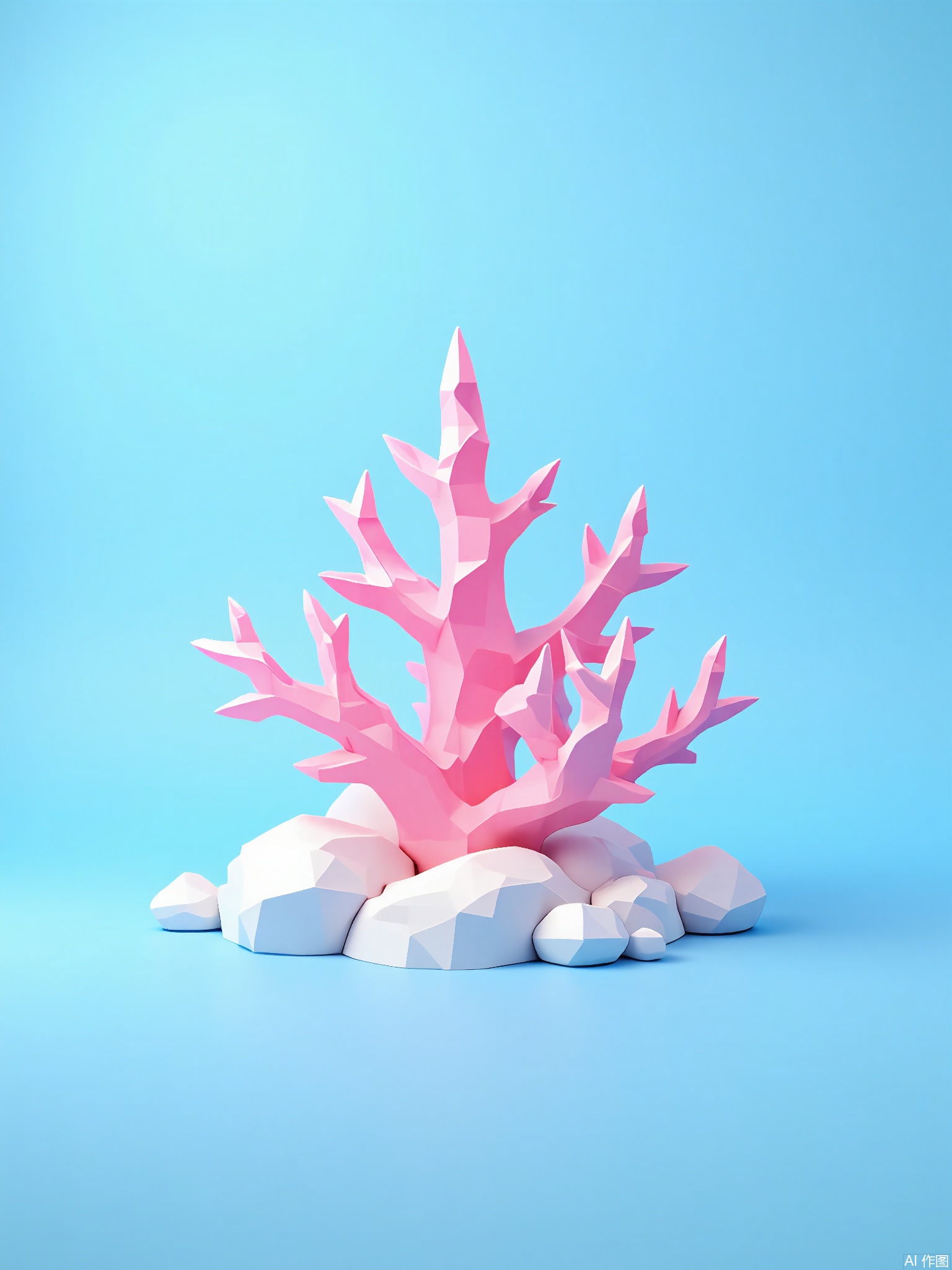 DBX, a digital illustration of a coral polyp, presents a vibrant reef microcosm in light periwinkle. The coral polyp is rendered with geometric polygon patterns, featuring a soft pink body and delicate, branching arms. The background is a simple periwinkle hue, enhancing the coral's intricate beauty. Positioned centrally, the coral polyp sits atop a stylized reef, adding to the underwater diversity. This illustration has a contemporary, detailed look with clean lines and a cool, pastel palette.
