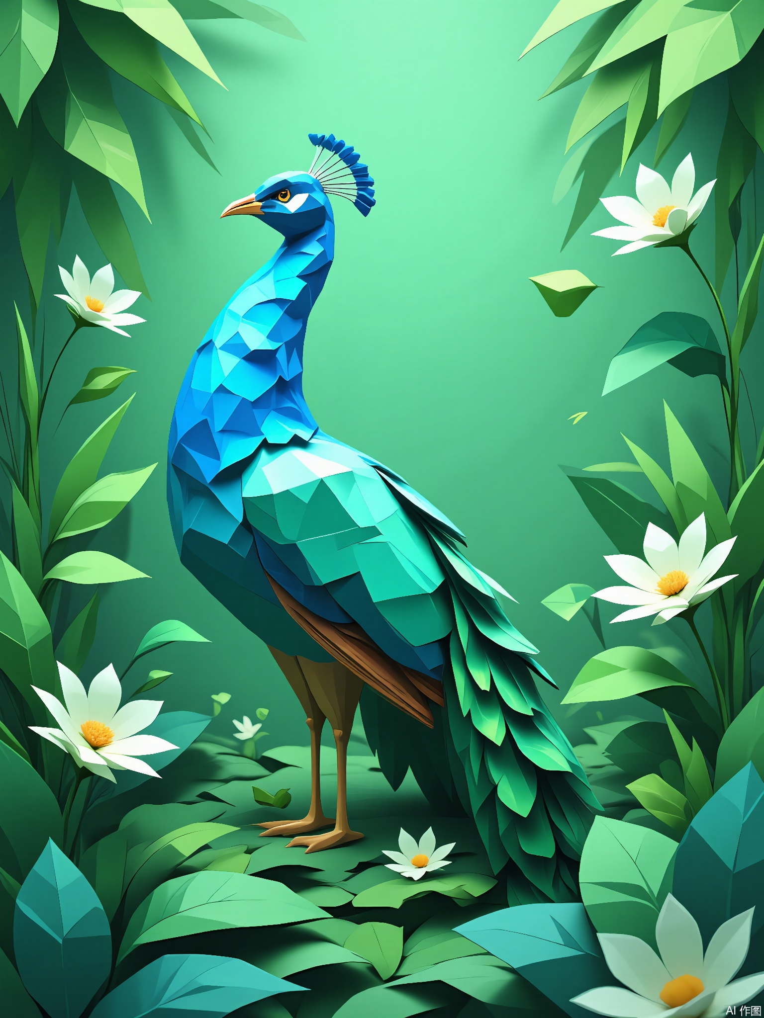 DBX, a digital illustration of a peacock, showcases a lush garden in emerald green. The peacock is rendered with geometric polygon patterns, boasting iridescent blue-green feathers and a striking, fan-shaped tail. The background is a gradient of green, from a deep forest hue at the bottom to a light mint at the top, enhancing the vibrancy of the scene. The peacock struts confidently in the center, its tail on full display, surrounded by stylized flowers and foliage. This illustration has a modern, opulent aesthetic with precise lines and cool, jewel-toned colors.
