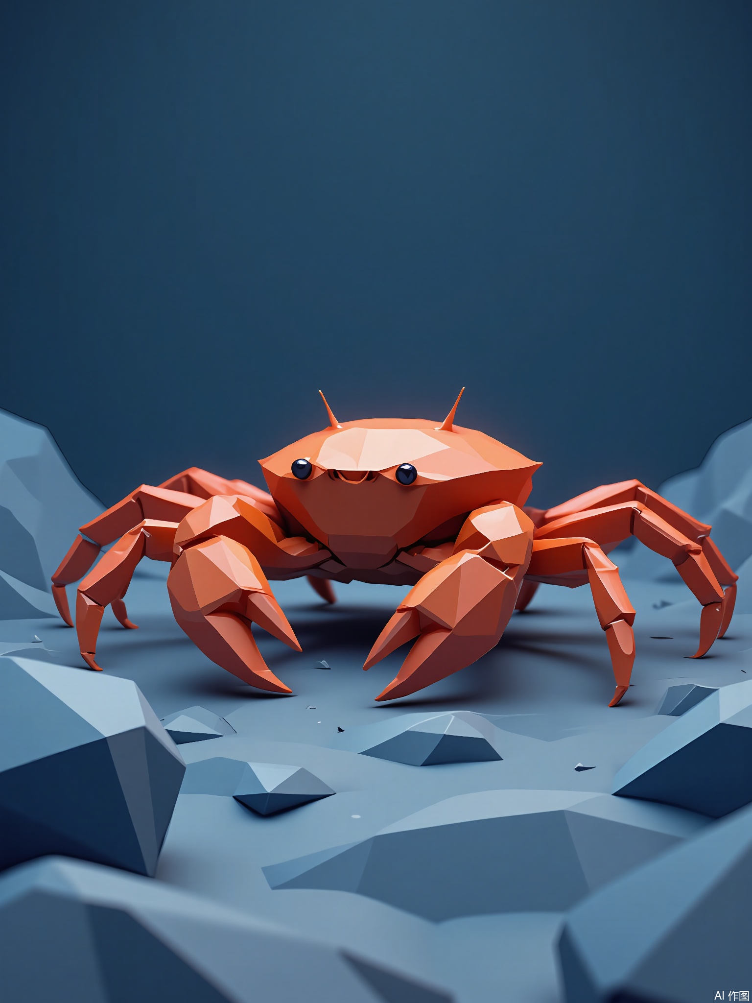 DBX, a digital illustration of a crab, presents a seabed landscape in muted navy. The crab is rendered with geometric polygon patterns, featuring a rusty red shell and clawed limbs. The background is a simple navy hue, emphasizing the crab's sturdy form. Positioned in the center, the crab scuttles across a stylized sandy seabed, evoking a sense of coastal life. This illustration has a contemporary, earthy feel with precise lines and a warm, deep color scheme.
