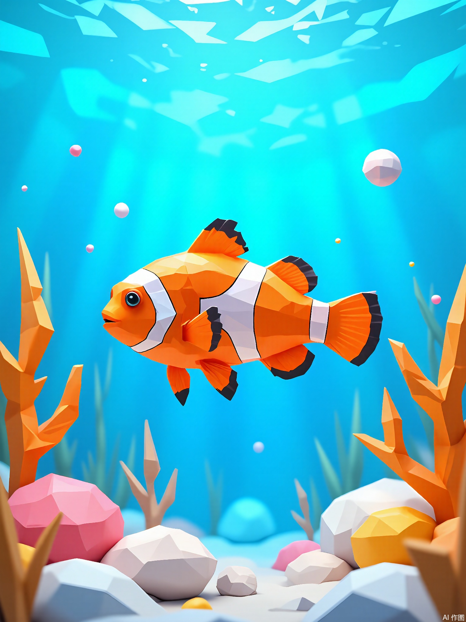 DBX, a digital illustration of a clownfish, depicts a lively coral reef scene in bright cerulean. The clownfish is crafted with geometric polygon patterns, boasting bold orange and white stripes and a small, energetic body. The background is a plain cerulean shade, highlighting the clownfish's vibrant colors. Centered in the picture, the clownfish swims among stylized coral, adding to the underwater vibrancy. This illustration has a modern, cheerful aesthetic with clean lines and a lively palette.
