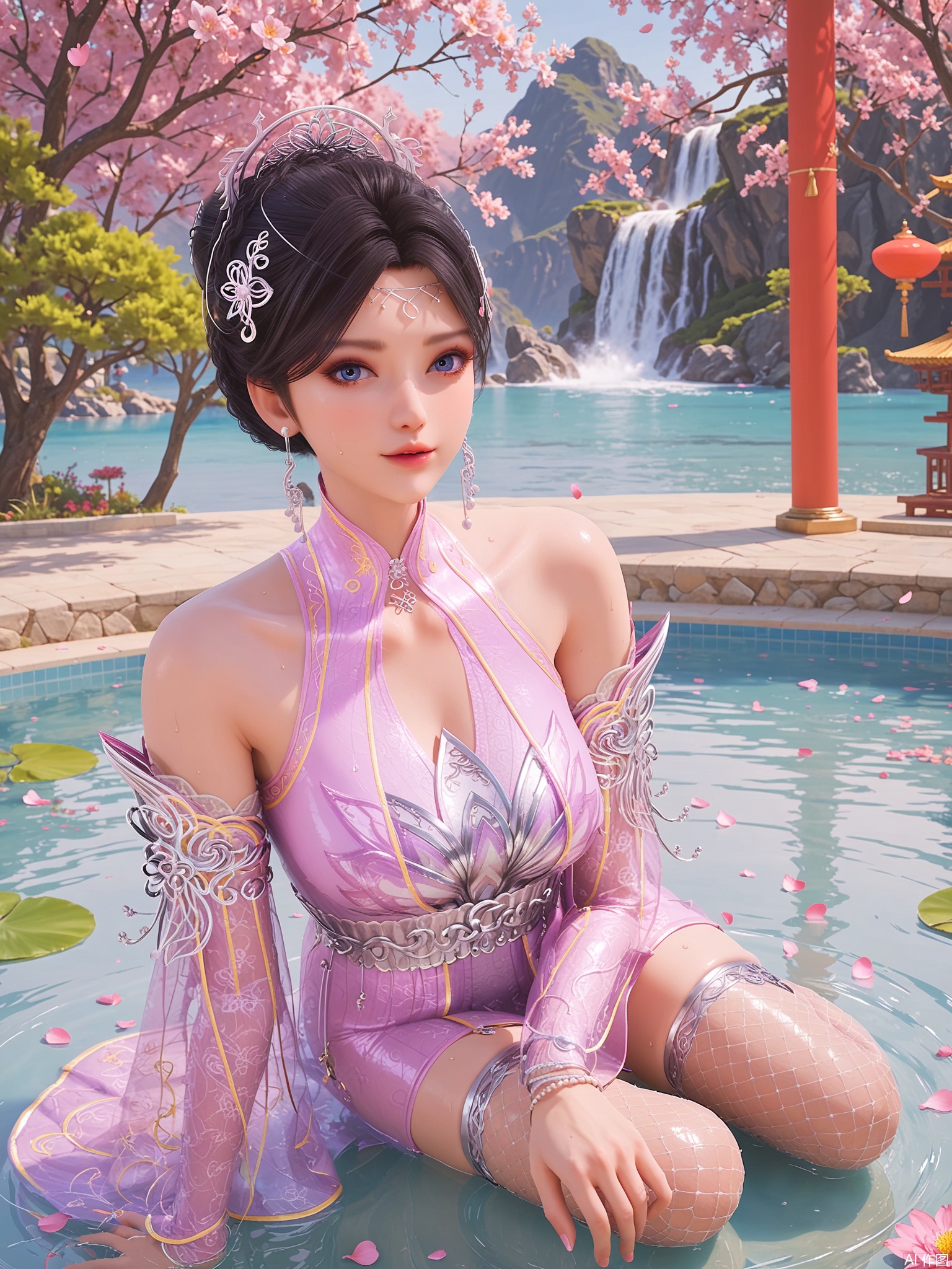 score_9,score_8_up,score_7_up,1girl,looking_at_viewer,realistic,1girl,Vivid Colors,bright environment,delicate water,hair_ornament,shiny skin,shiny hair,reflection,dress,jewelry,flower sea,falling petals,extreme detail description,(full body:0.3),put one hand on your side,long_hair,(skindentation:1.3),Fishnet stockings,bright,sunshine on face,chinese_clothes,black hair,light,sweating,(wariza:1.3),single hair bun,

