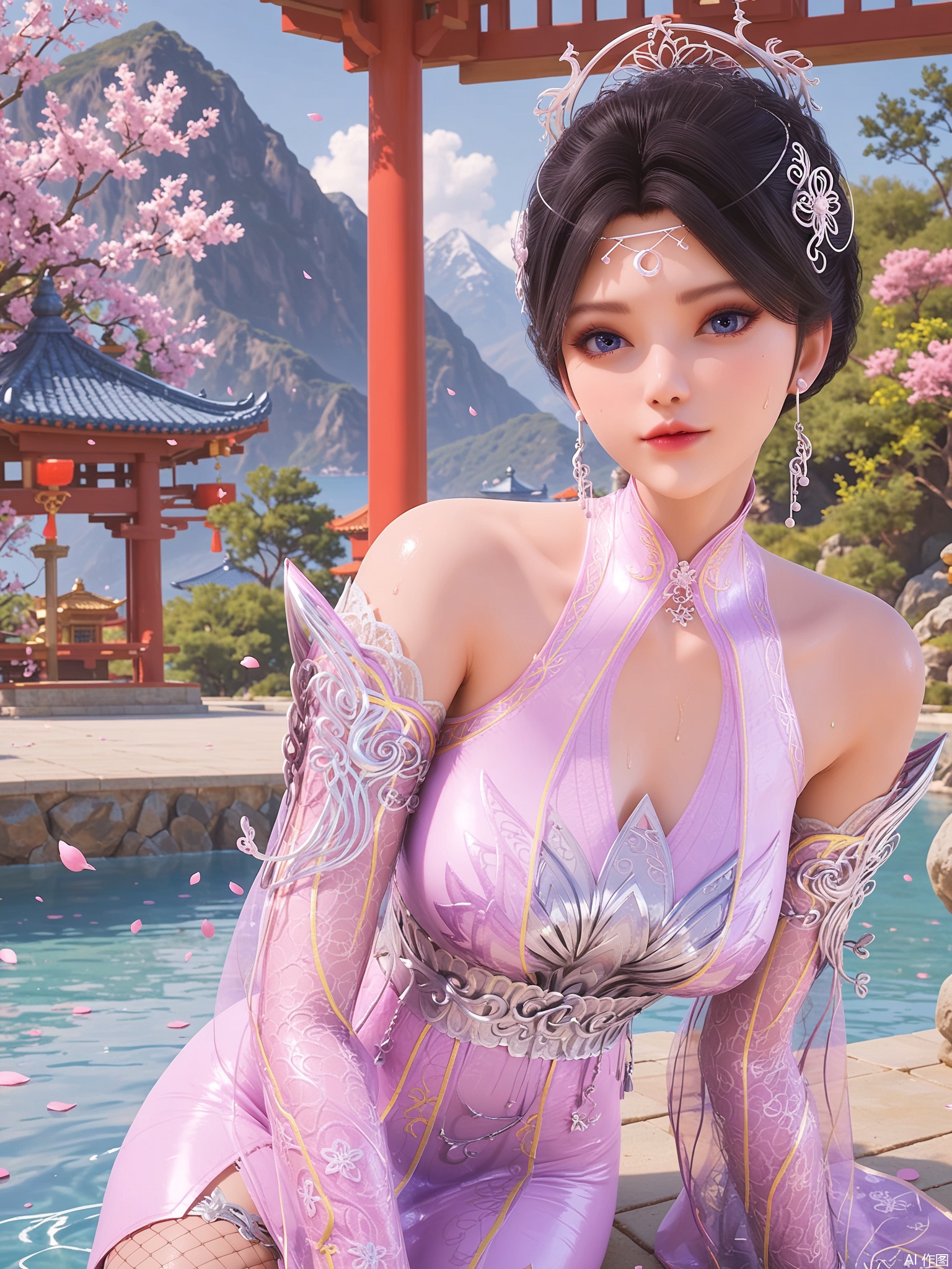 score_9,score_8_up,score_7_up,1girl,looking_at_viewer,realistic,1girl,Vivid Colors,bright environment,delicate water,hair_ornament,shiny skin,shiny hair,reflection,dress,jewelry,flower sea,falling petals,extreme detail description,(full body:0.3),put one hand on your side,long_hair,(skindentation:1.3),Fishnet stockings,bright,sunshine on face,chinese_clothes,black hair,light,sweating,(wariza:1.3),single hair bun,

