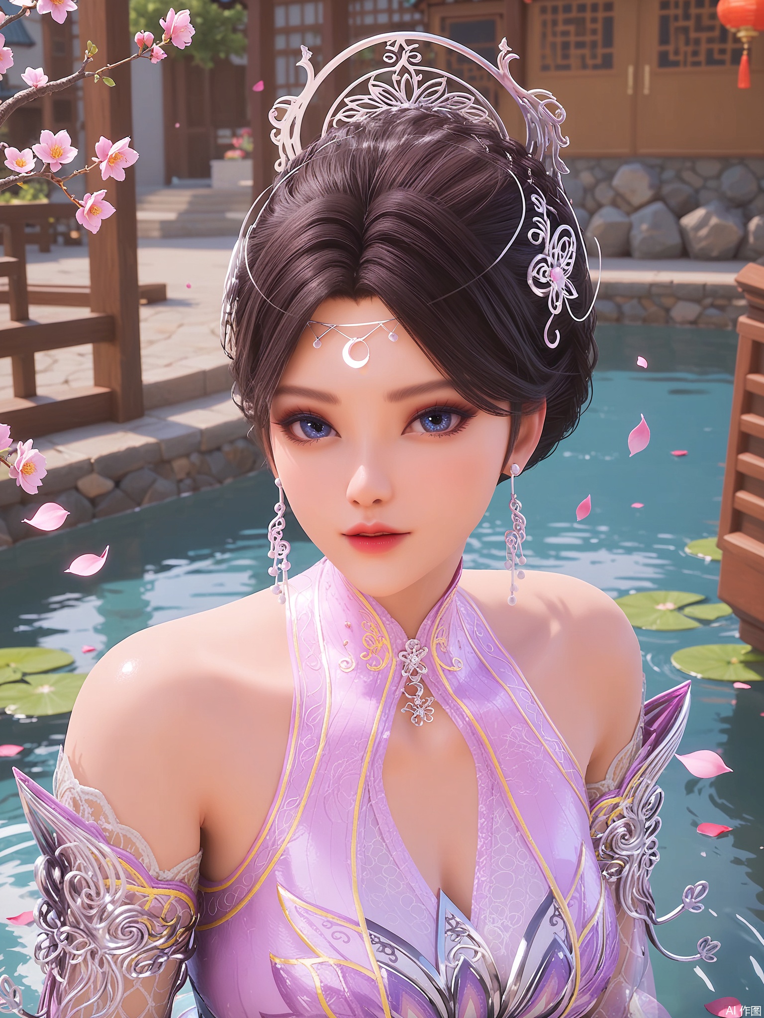 score_9,score_8_up,score_7_up,1girl,looking_at_viewer,realistic,1girl,Vivid Colors,bright environment,delicate water,hair_ornament,shiny skin,shiny hair,reflection,(wariza:1.2),dress,jewelry,flower sea,falling petals,extreme detail description,(upper body:0.4),put one hand on your side,long_hair,(skindentation:1.3),Fishnet stockings,bright,sunshine on face,chinese_clothes,forehead mark, single hair bun,
