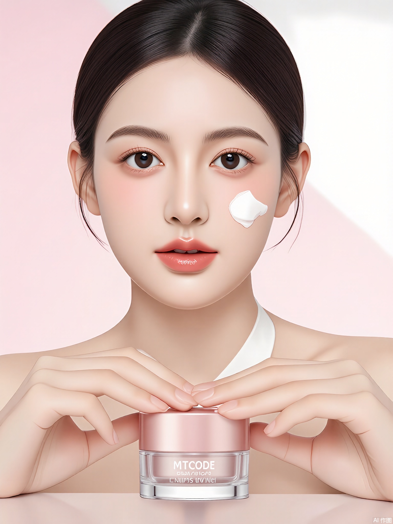 SZMT, Photograph of a young woman with fair skin and black hair styled in a low ponytail, wearing a white sleeveless top. She is holding a small, transparent jar of skincare product with a pink lid, labeled "MTCODE." A white, creamy substance is applied to her right cheek. The background is a soft gradient of pastel pink and white. The lighting is soft and even, highlighting her smooth skin and the product. The image is clean and minimalistic, with a focus on the skincare product and the woman's serene expression.