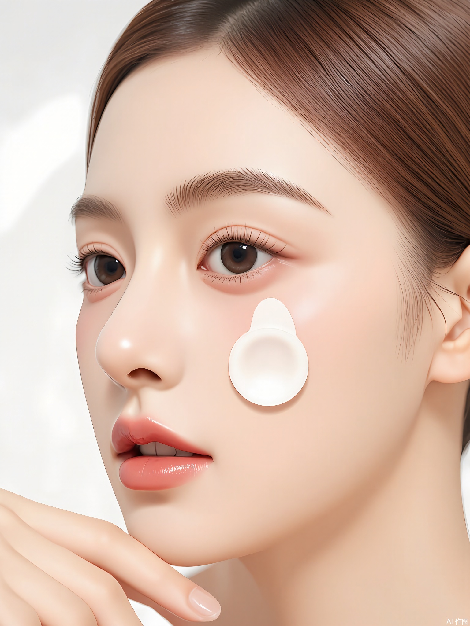 SZMT, A close-up photograph of a young woman with light skin and brown hair, wearing minimal makeup. She is applying a peach-colored face cream to her cheek with a small, round, white applicator. The background is blurred and neutral, focusing attention on her face. The lighting is soft and even, highlighting her smooth skin. The woman has a calm and composed expression. Her lips are slightly parted, showing a hint of pink lipstick. The image has a natural, minimalistic aesthetic, with a focus on skincare and beauty.