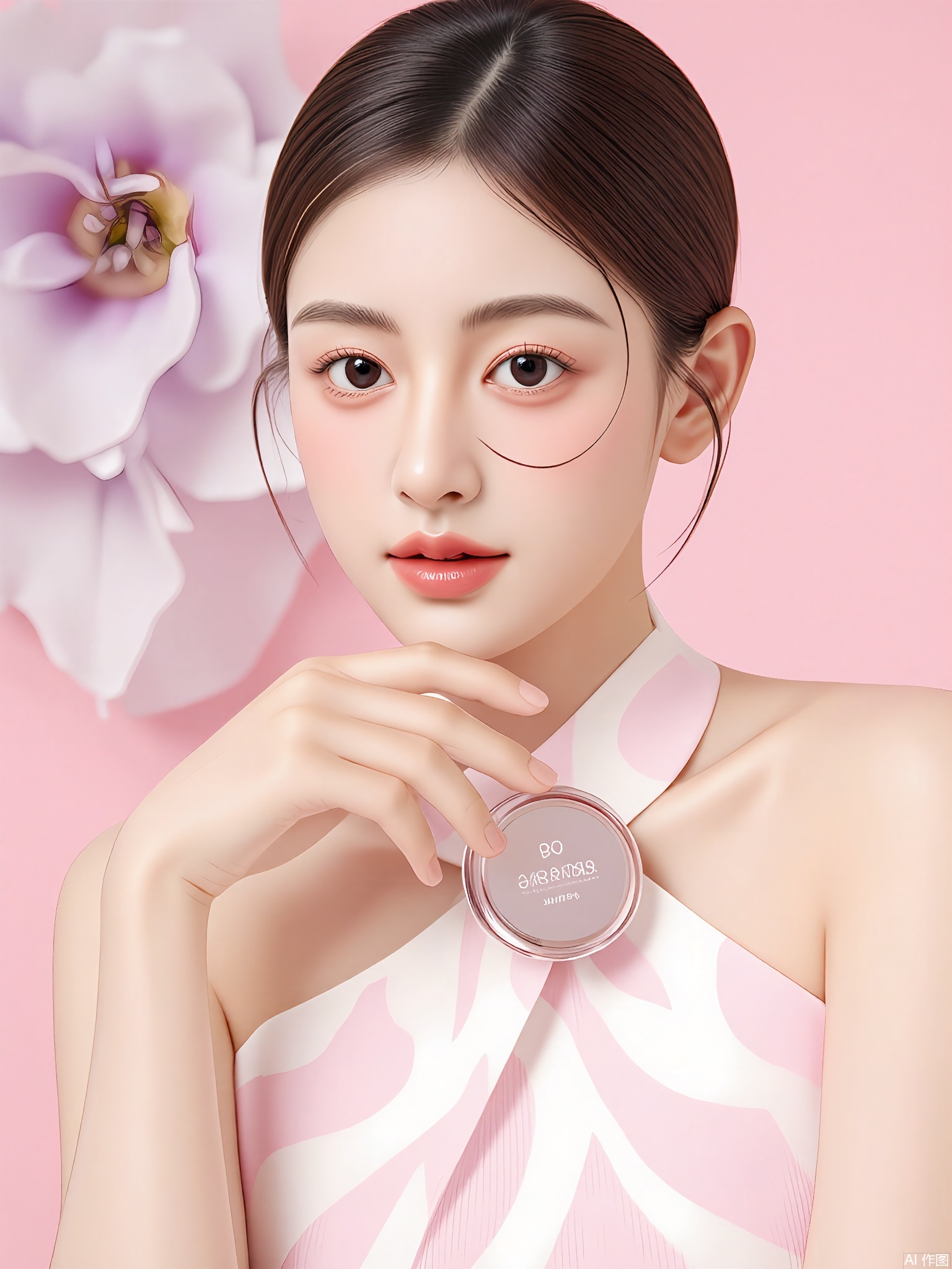 SZMT, Photograph of a young woman with fair skin, brown hair styled in a low bun, and wearing a sleeveless, white and pink geometric patterned top. She is holding a small pink compact mirror close to her face with her right hand, her left hand resting gently on her chin. The background is a soft pink gradient with a large, blurred, abstract floral pattern in shades of purple and pink. The woman has a neutral expression and is looking directly at the camera. The lighting is soft and even, highlighting her smooth skin and subtle makeup.