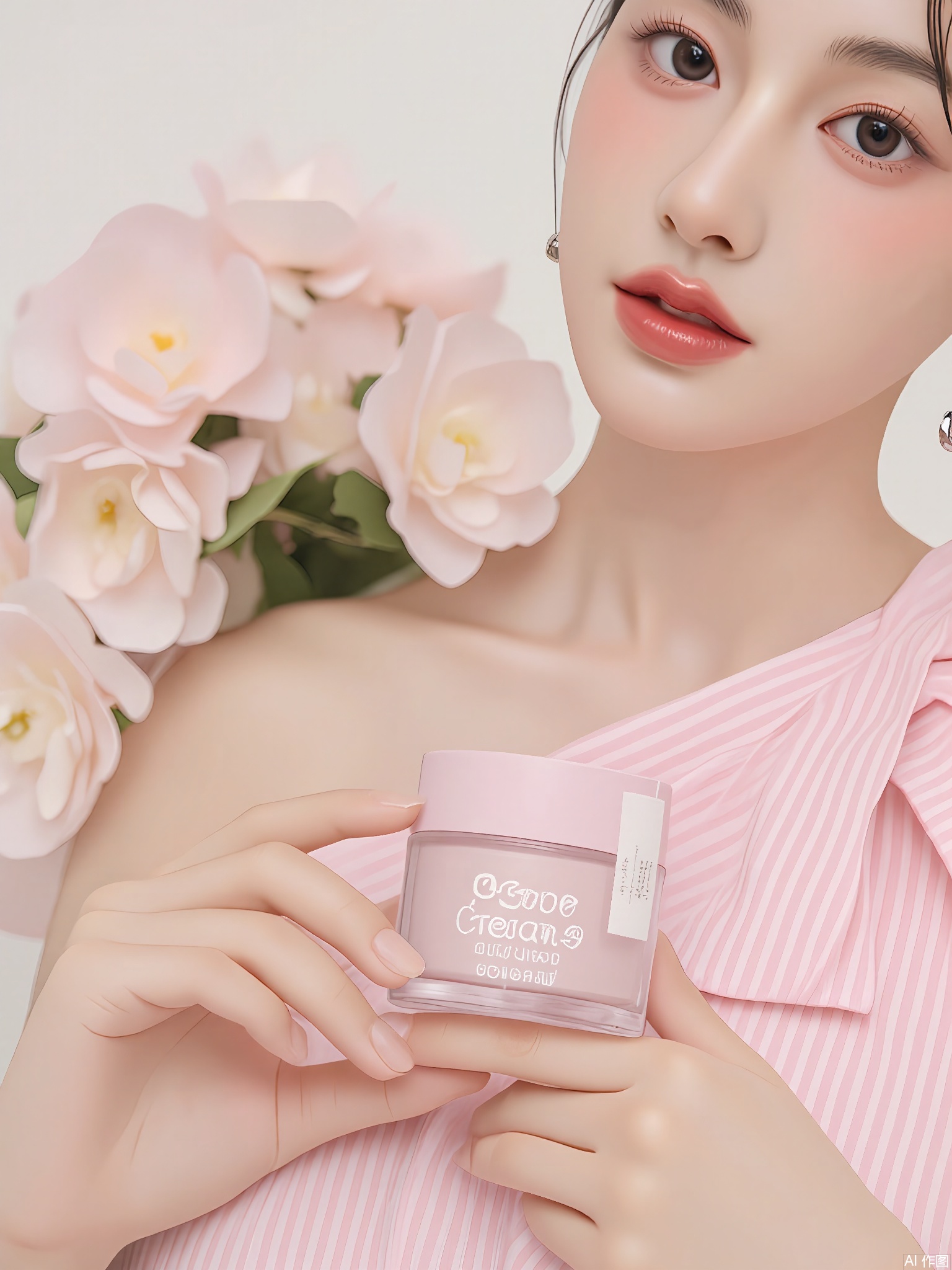 SZMT, Photo of a young woman with light skin and dark hair, wearing a pink and white gingham dress, holding a small pink jar of "Pure Cream" skincare product in her right hand, looking directly at the camera with a neutral expression, soft lighting, background with a blurry bouquet of pink flowers, minimalistic and clean setting, elegant and sophisticated vibe, high-quality image, makeup with natural tones, thin silver hoop earrings, subtle smile, indoor setting, soft focus on the background, gentle and serene atmosphere, product placement, beauty and skincare, skincare routine, skincare product, close-up, professional photograph.