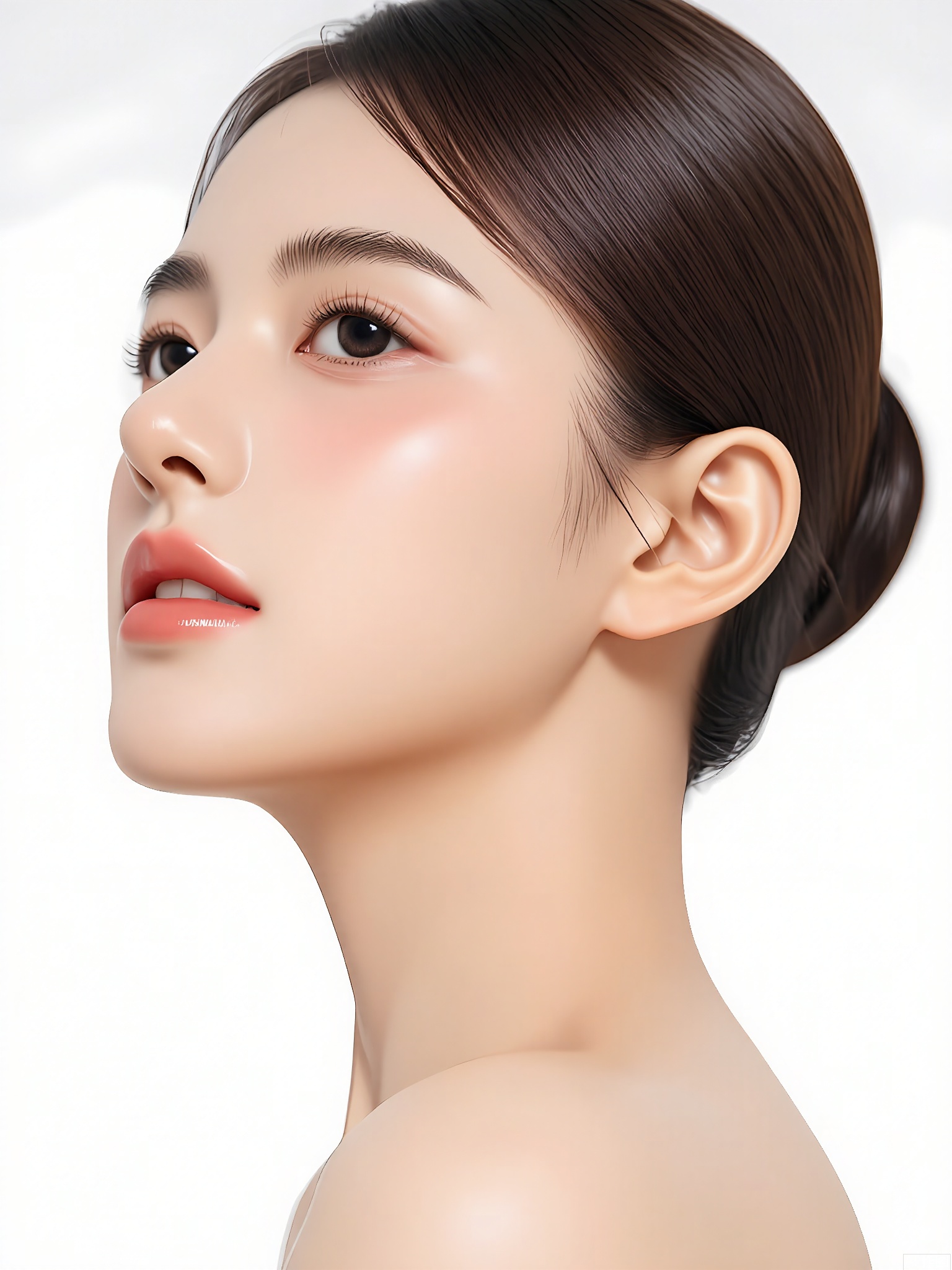 SZMT, Close-up portrait of a woman with smooth, fair skin and dark hair tied back in a low bun. She has a small, delicate nose and full lips. Her eyes are looking slightly to the side, giving her a serene expression. She has a few freckles on her cheeks. The lighting is soft and even, highlighting her natural beauty. The background is a plain white, making her the focal point. The image is a high-quality photograph with a clean, minimalist style. 
