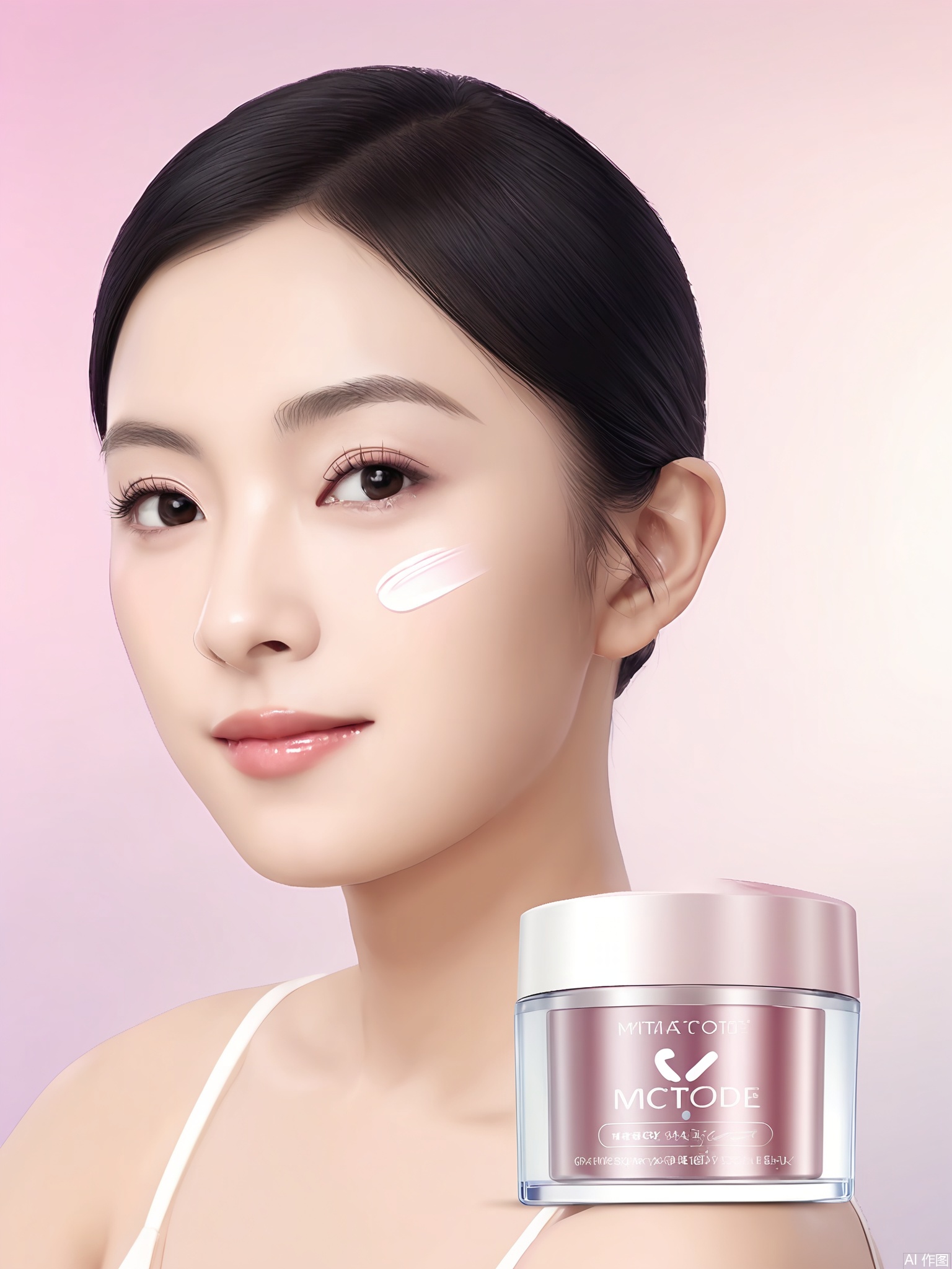 SZMT, Photograph of a young woman with fair skin and black hair styled in a low ponytail, wearing a white sleeveless top. She is holding a small, transparent jar of skincare product with a pink lid, labeled "MTCODE." A white, creamy substance is applied to her right cheek. The background is a soft gradient of pastel pink and white. The lighting is soft and even, highlighting her smooth skin and the product. The image is clean and minimalistic, with a focus on the skincare product and the woman's serene expression.
