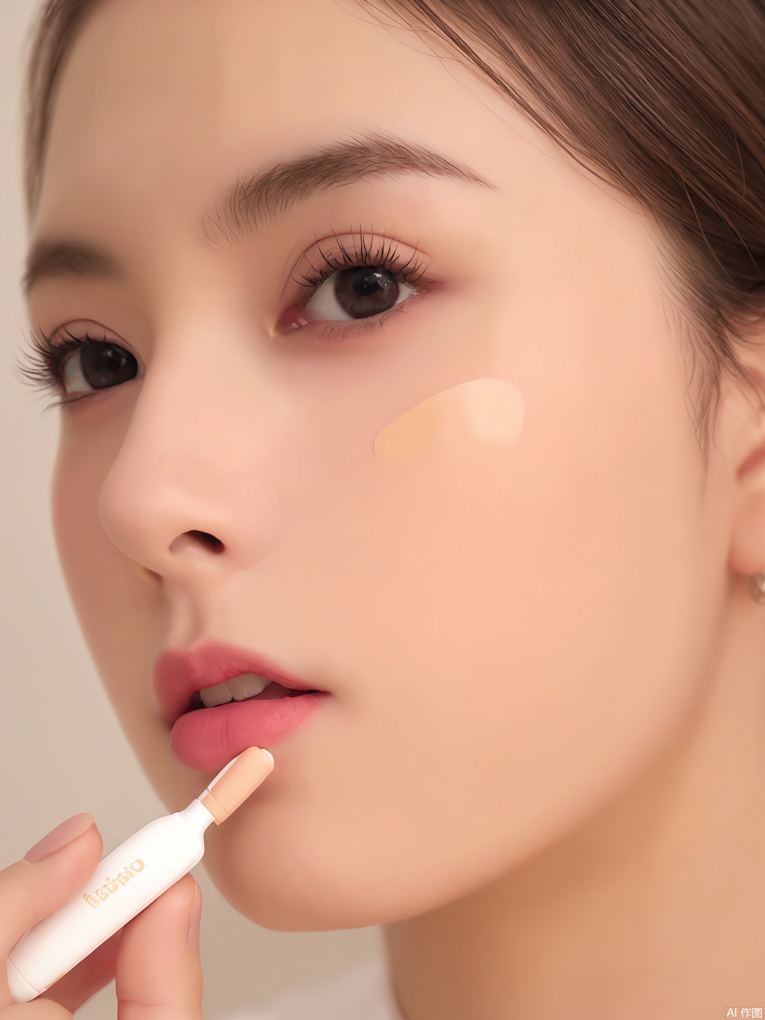 SZMT, A close-up photograph of a young woman with light skin and brown hair, wearing minimal makeup. She is applying a peach-colored face cream to her cheek with a small, round, white applicator. The background is blurred and neutral, focusing attention on her face. The lighting is soft and even, highlighting her smooth skin. The woman has a calm and composed expression. Her lips are slightly parted, showing a hint of pink lipstick. The image has a natural, minimalistic aesthetic, with a focus on skincare and beauty.
