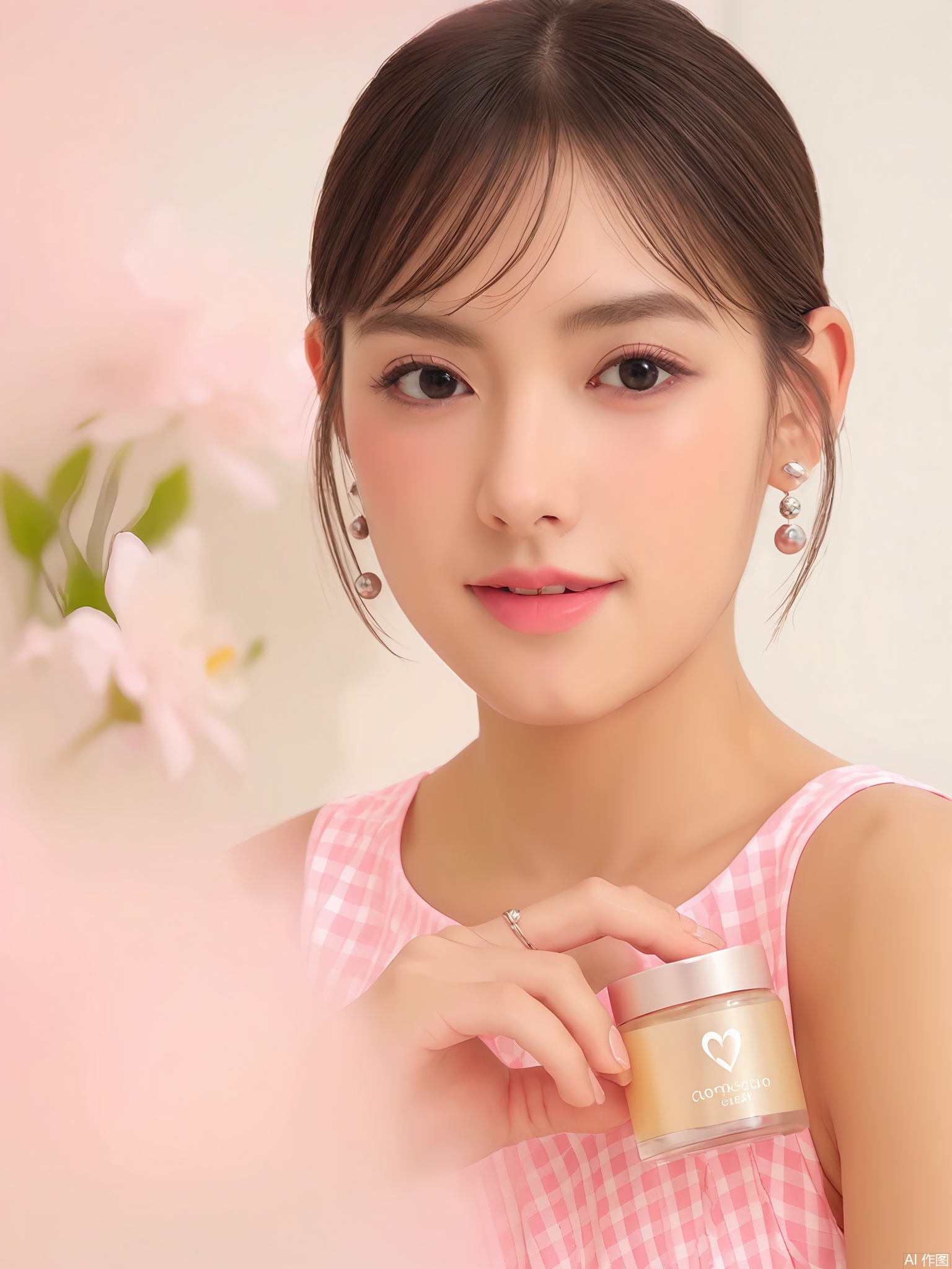 SZMT, Photo of a young woman with light skin and dark hair, wearing a pink and white gingham dress, holding a small pink jar of "Pure Cream" skincare product in her right hand, looking directly at the camera with a neutral expression, soft lighting, background with a blurry bouquet of pink flowers, minimalistic and clean setting, elegant and sophisticated vibe, high-quality image, makeup with natural tones, thin silver hoop earrings, subtle smile, indoor setting, soft focus on the background, gentle and serene atmosphere, product placement, beauty and skincare, skincare routine, skincare product, close-up, professional photograph.
