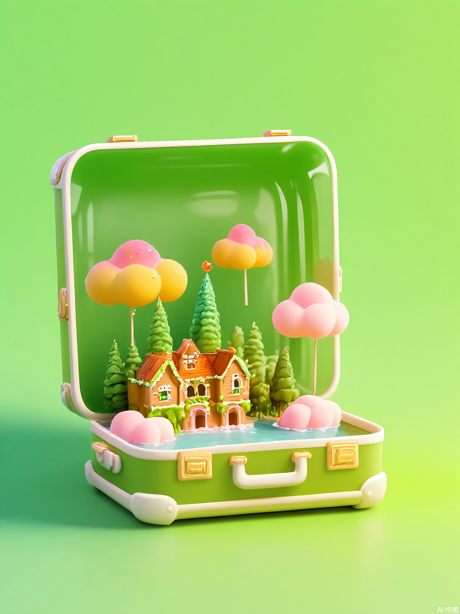 CYSJ, A translucent acrylic suitcase shows a candy-colored jungle—gumdrop trees grow beside rivers of chocolate, gingerbread houses have licorice roofs, and cotton-candy clouds rain sprinkles onto marshmallow hills under a mint-green sky.

