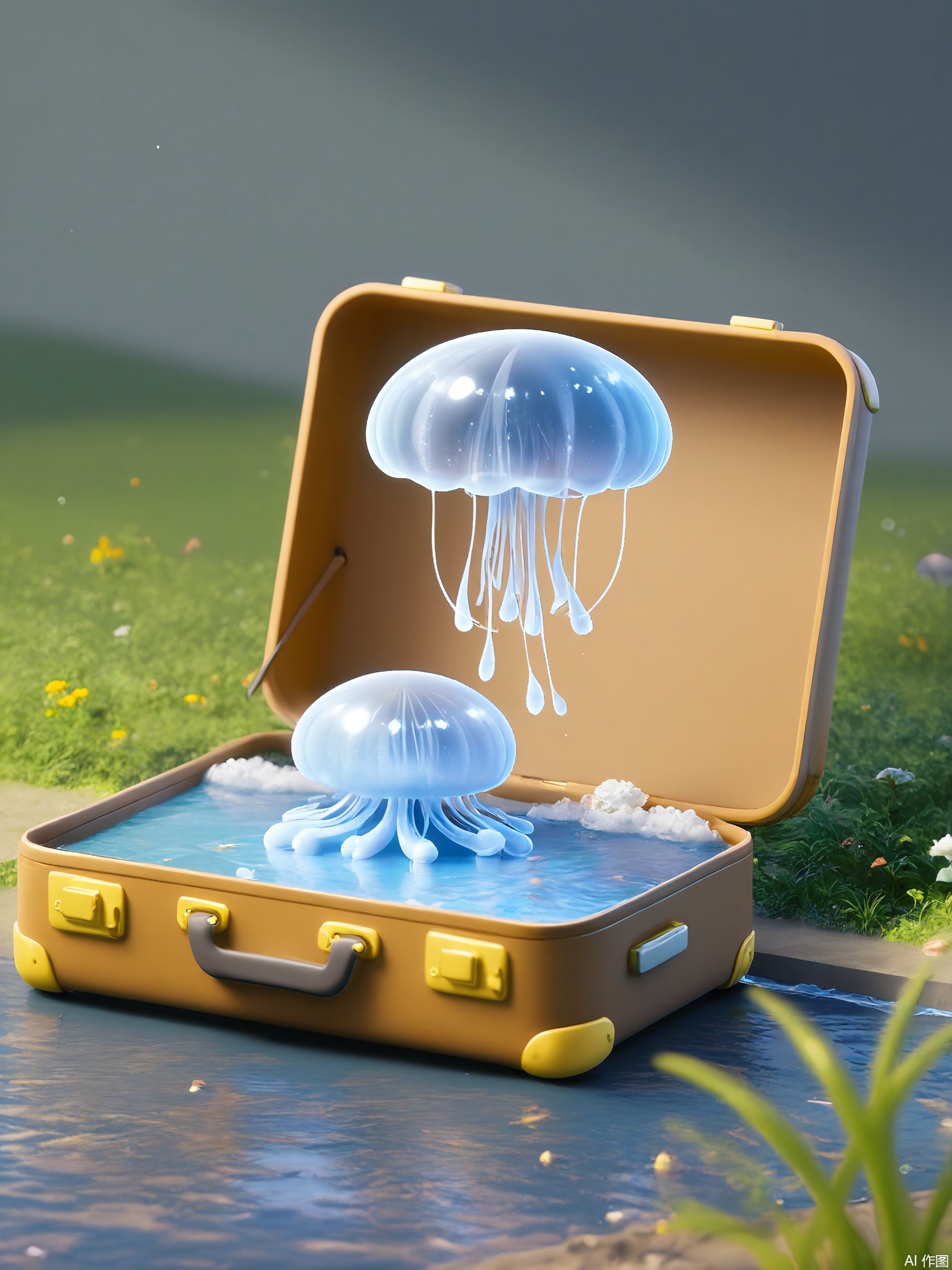 CYSJ, A sleek carbon-fiber suitcase with neon trim frames a futuristic garden—bioluminescent flowers pulse in rhythm, crystal-clear streams trickle over geometric rocks, and translucent jellyfish-like drones float through air filled with floating pollen particles.

