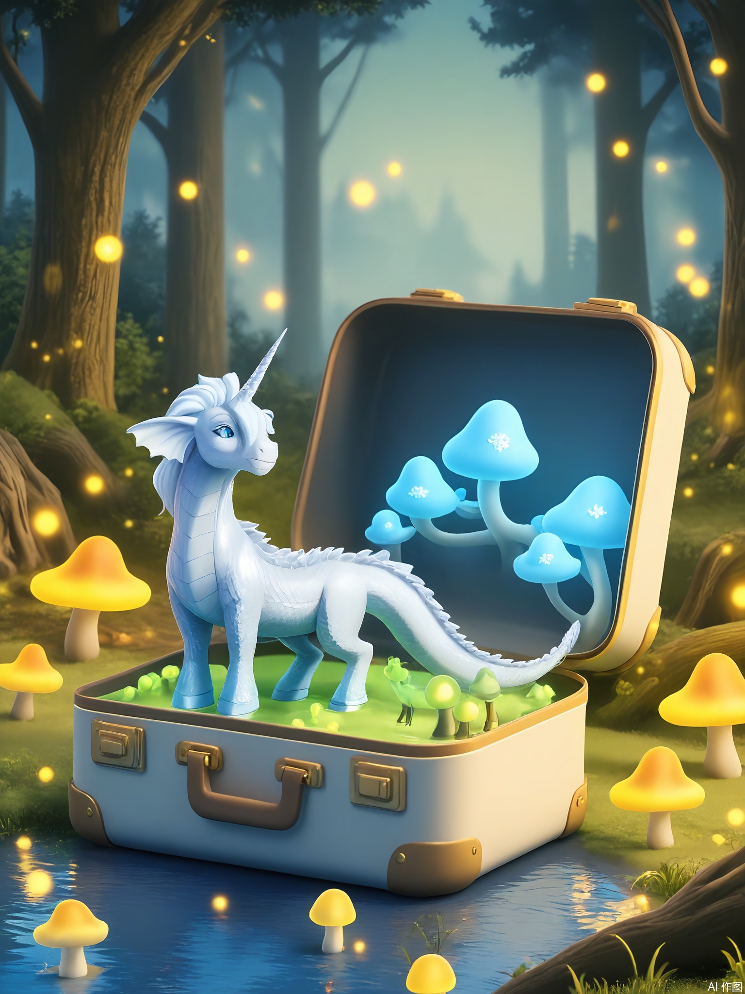 CYSJ, A tarnished silver suitcase holds an enchanted forest at dusk—glowing mushrooms dot mossy ground, a unicorn dips its horn into a silver pond, and fireflies trace patterns around twisted trees with bark like dragon scales.

