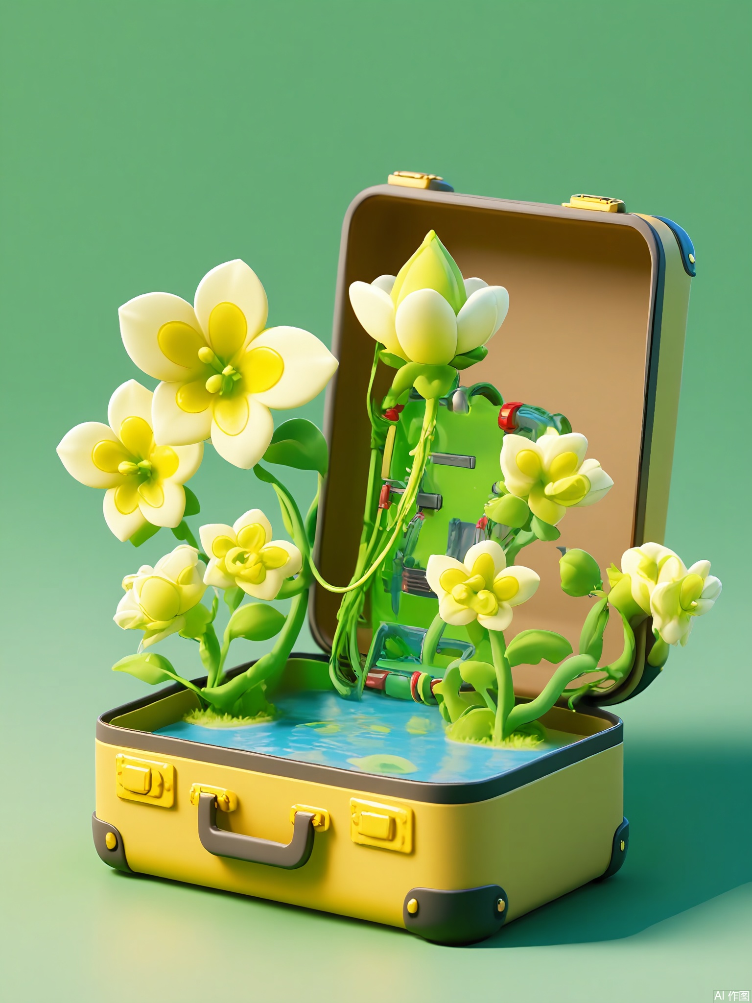 CYSJ, A metallic suitcase with circuit-board patterns reveals a cybernetic jungle—mechanical vines entwine around neon-lit trees, robotic parrots squawk from metallic branches, and a hovering drone pollinates glowing orchids under a data-stream sky.

