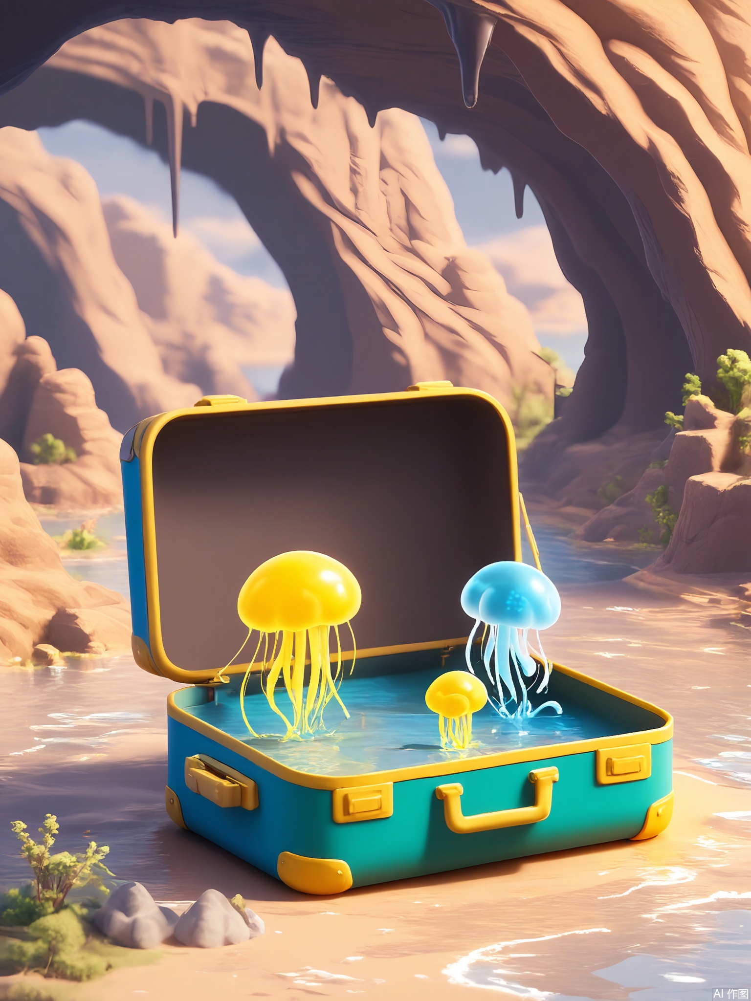 CYSJ, A sleek carbon-fiber suitcase with neon trim holds a bioluminescent cave—crystal formations glow in aquamarine and violet, a translucent jellyfish-like creature floats through underground pools, and stalactites drip into a subterranean lake.

