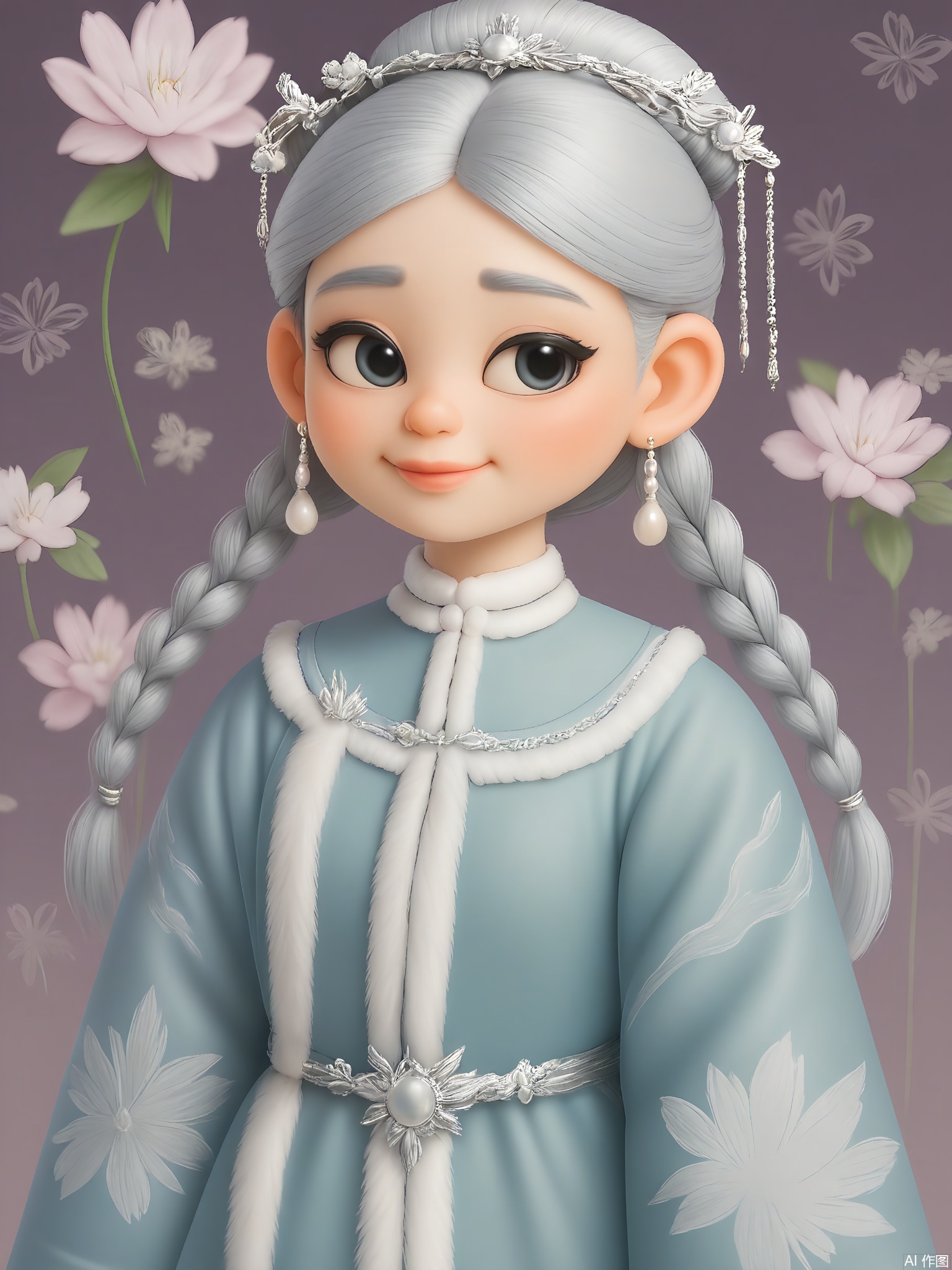 GFRW, A delicate Asian teenager with obsidian tresses in twin braids, azure scholar's robe with cloud motifs, silver hairpin shaped like a lotus, pearl teardrop earrings. Dreamy expression, muted peach-blossom wall backdrop, soft candlelit glow highlighting porcelain skin.
