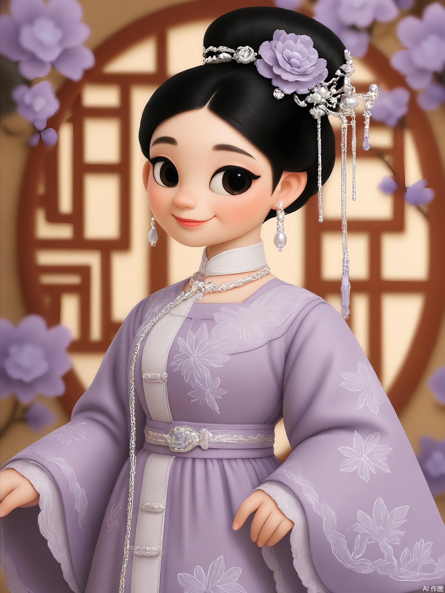GFRW, A rosy-cheeked girl with obsidian hair in a spiral bun, lavender Qi style dress with crane embroidery, pearl hairpin, silver chain earrings. Playful smile, blurred peony garden lattice background, golden afternoon sun.
