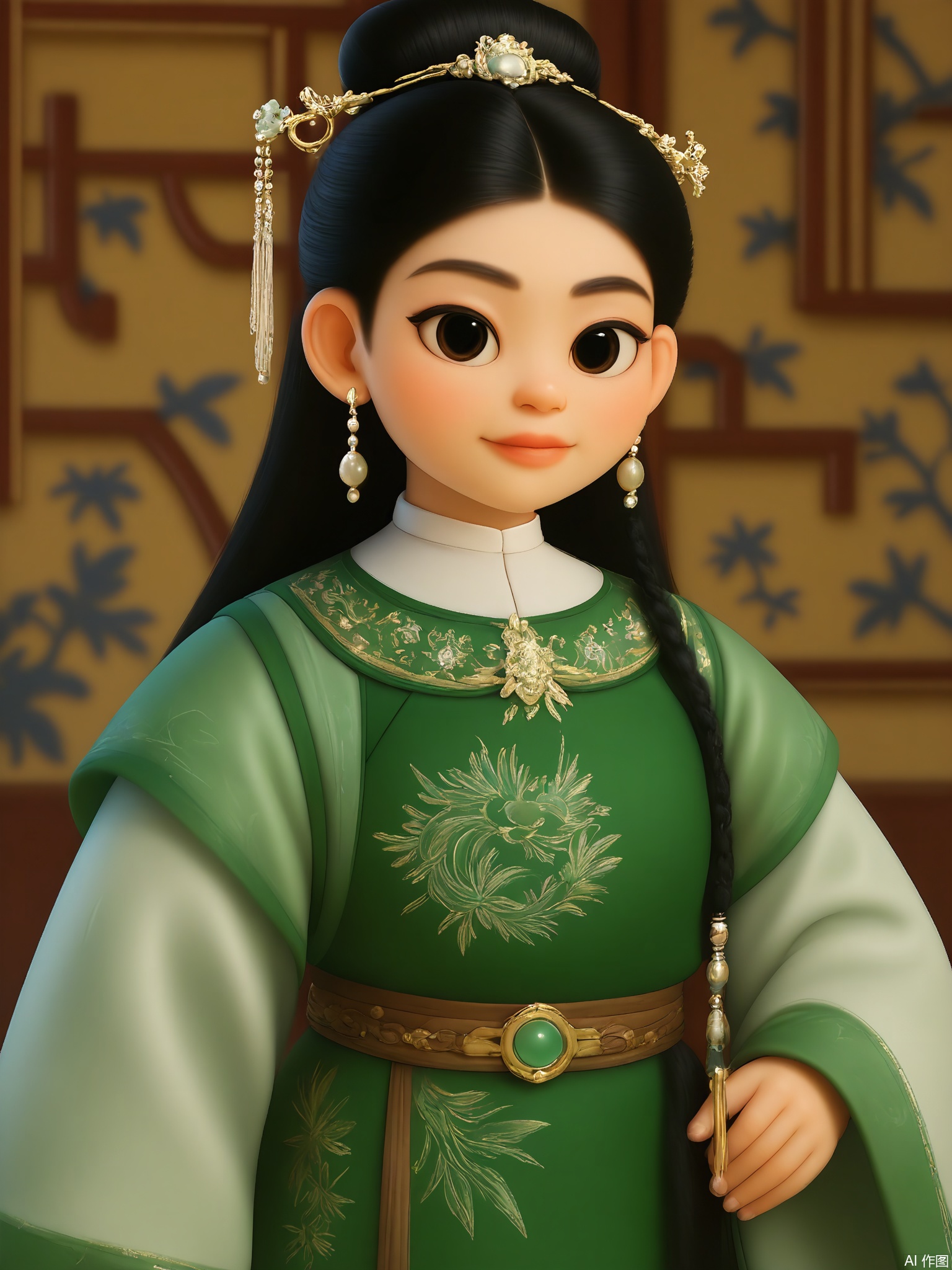 GFRW, A youthful Asian woman with jet-black hair in a sleek high bun, wearing emerald silk hanfu with gold phoenix embroidery, jade hairpin, silver filigree earrings. Soft gaze, blurred crimson lattice background, diffused golden hour light accentuating fabric textures.
