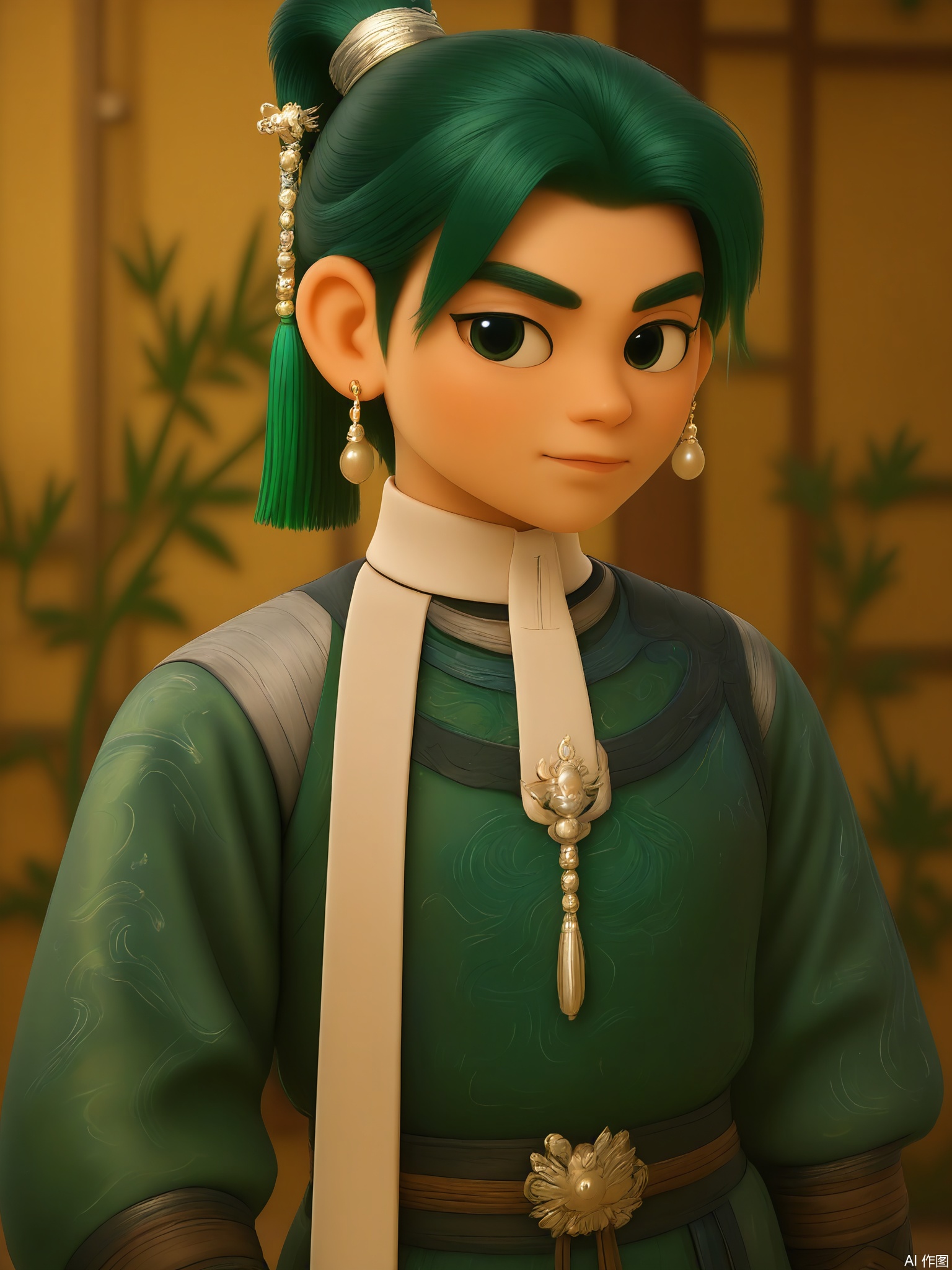GFRW, An androgynous figure with raven hair in a topknot, indigo martial arts uniform with silver crane patterns, jade hair tassel, jade ring earrings. Serene demeanor, blurred gray stone wall with bamboo shadows, cool moonlight enhancing fabric folds.
