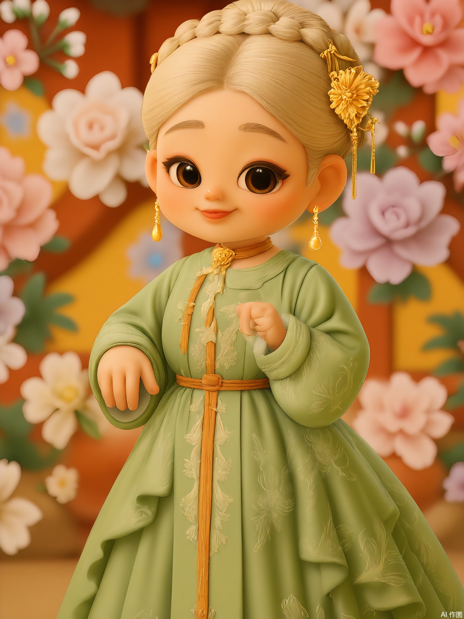 GFRW, A winsome girl with inky hair in a crown braid, peach-orange Song dynasty dress with peony motifs, coral hairpin, gold flower earrings. Cheerful expression, blurred peony garden background, golden hour sunlight.
