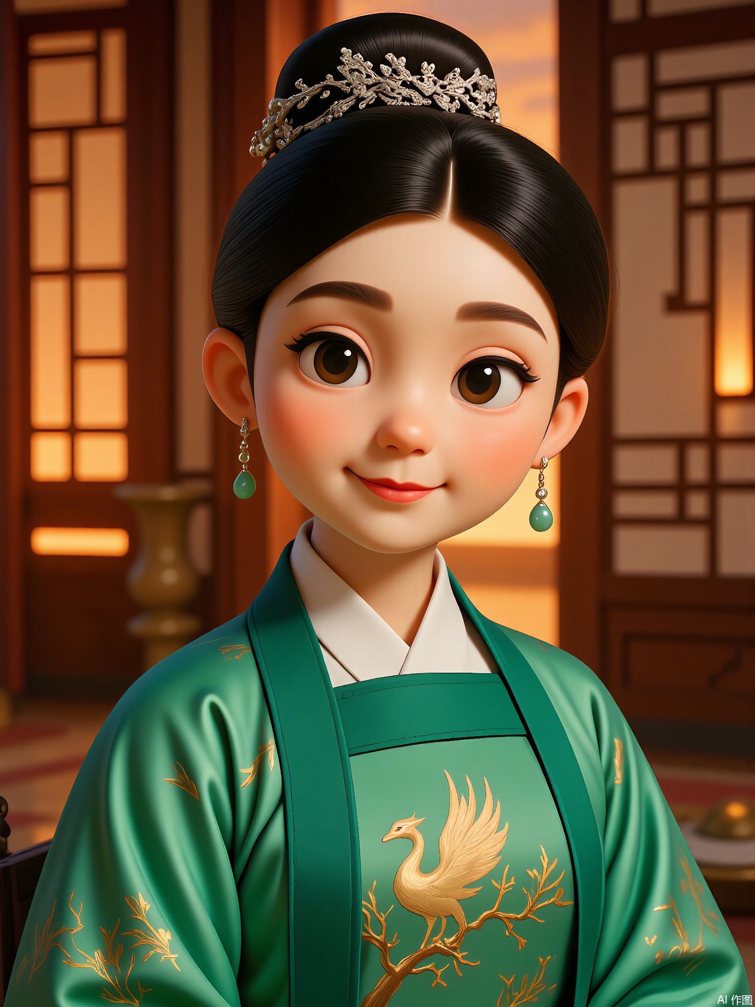 GFRW, A youthful Asian woman with jet-black hair in a sleek high bun, wearing emerald silk hanfu with gold phoenix embroidery, jade hairpin, silver filigree earrings. Soft gaze, blurred crimson lattice background, diffused golden hour light accentuating fabric textures.
