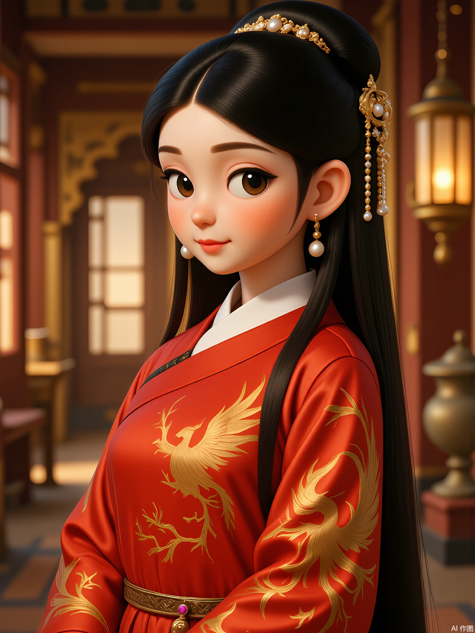 GFRW, An elegant courtesan with obsidian hair in a waterfall braid, scarlet silk dress with gold phoenix patterns, pearl hairpin, ruby drop earrings. Alluring gaze, blurred palace corridor background, warm lantern glow.
