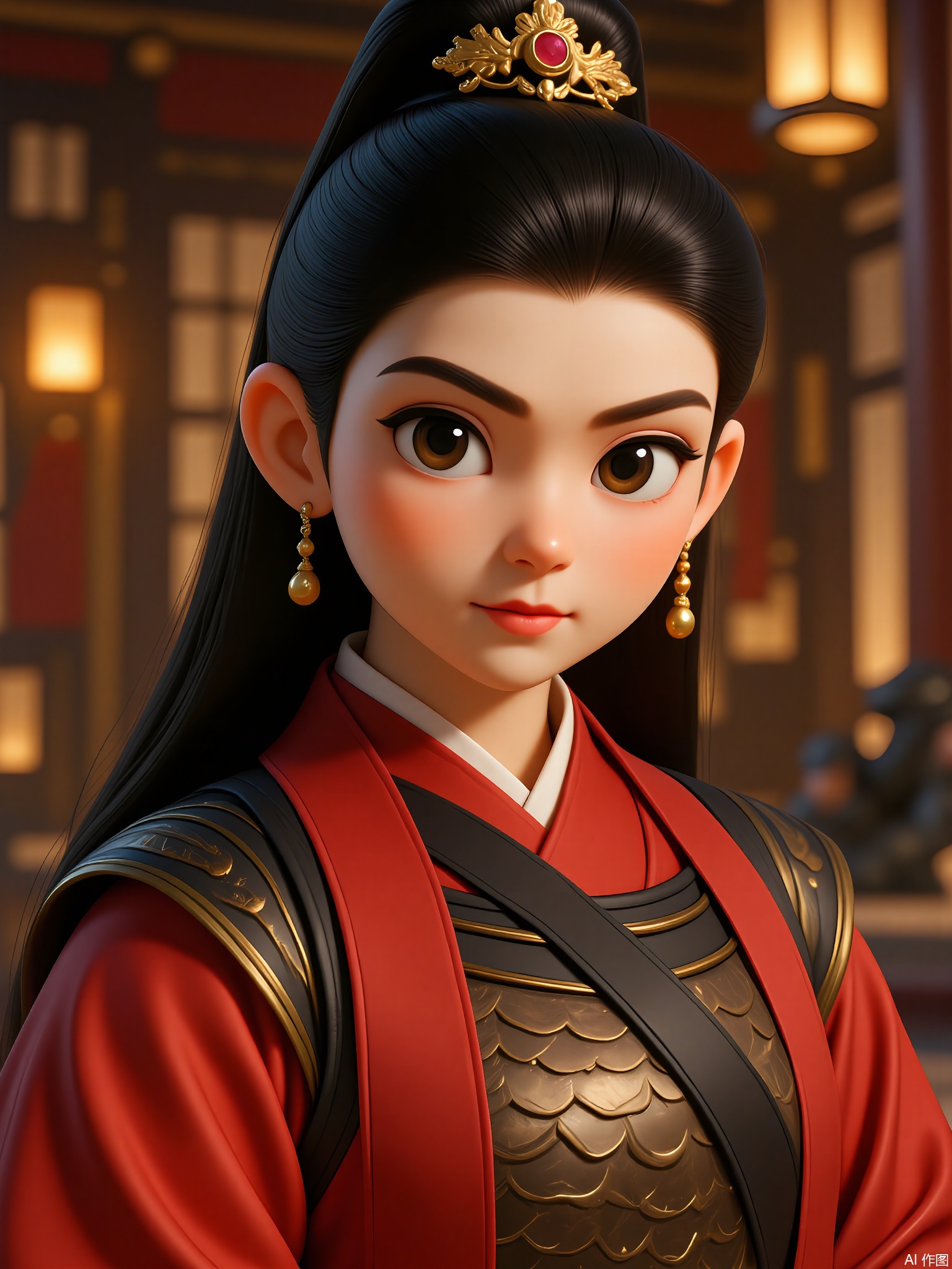 GFRW, A striking woman with jet-black hair in a warrior's knot, crimson armor-inspired hanfu with dragon scales, gold hairpin, ruby stud earrings. Fierce gaze, blurred ancient battle flag background, dramatic torchlight.
