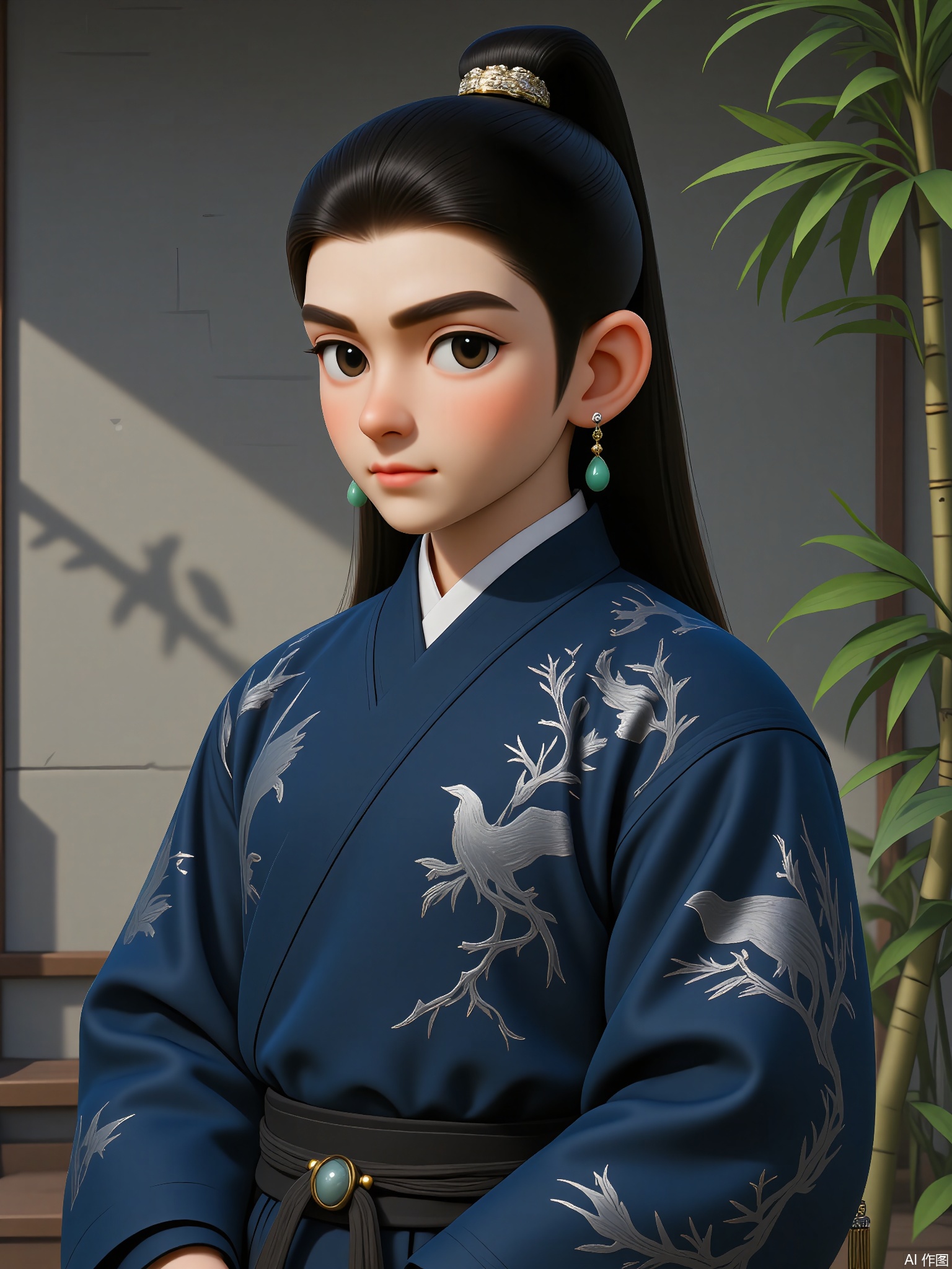 GFRW, An androgynous figure with raven hair in a topknot, indigo martial arts uniform with silver crane patterns, jade hair tassel, jade ring earrings. Serene demeanor, blurred gray stone wall with bamboo shadows, cool moonlight enhancing fabric folds.
