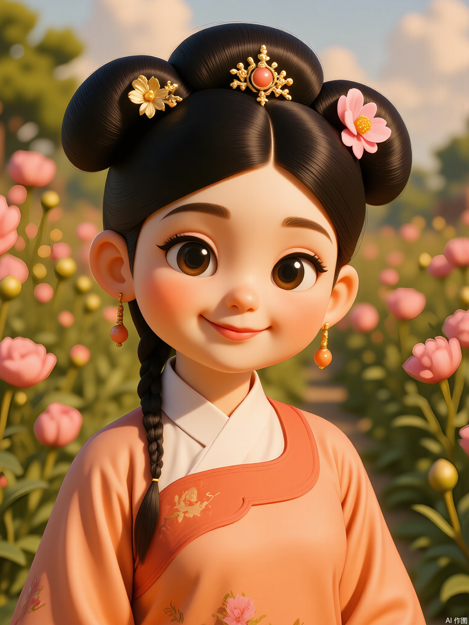 GFRW, A winsome girl with inky hair in a crown braid, peach-orange Song dynasty dress with peony motifs, coral hairpin, gold flower earrings. Cheerful expression, blurred peony garden background, golden hour sunlight.
