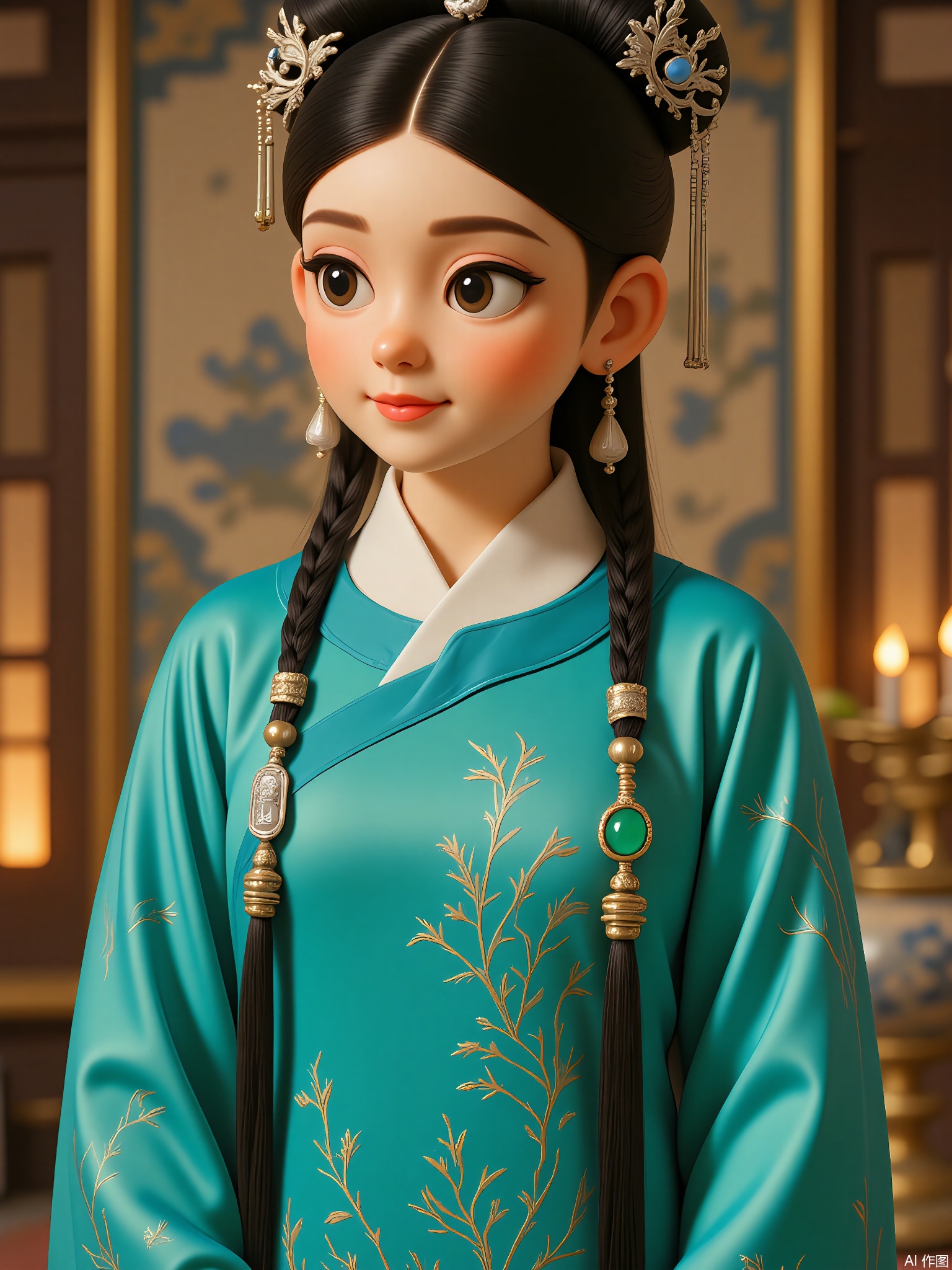 GFRW, A lithe dancer with glossy black hair in a peacock braid, turquoise silk dress with phoenix tail patterns, jade hairpin, silver bell earrings. Graceful pose, blurred silk banner background, shimmering stage lights.
