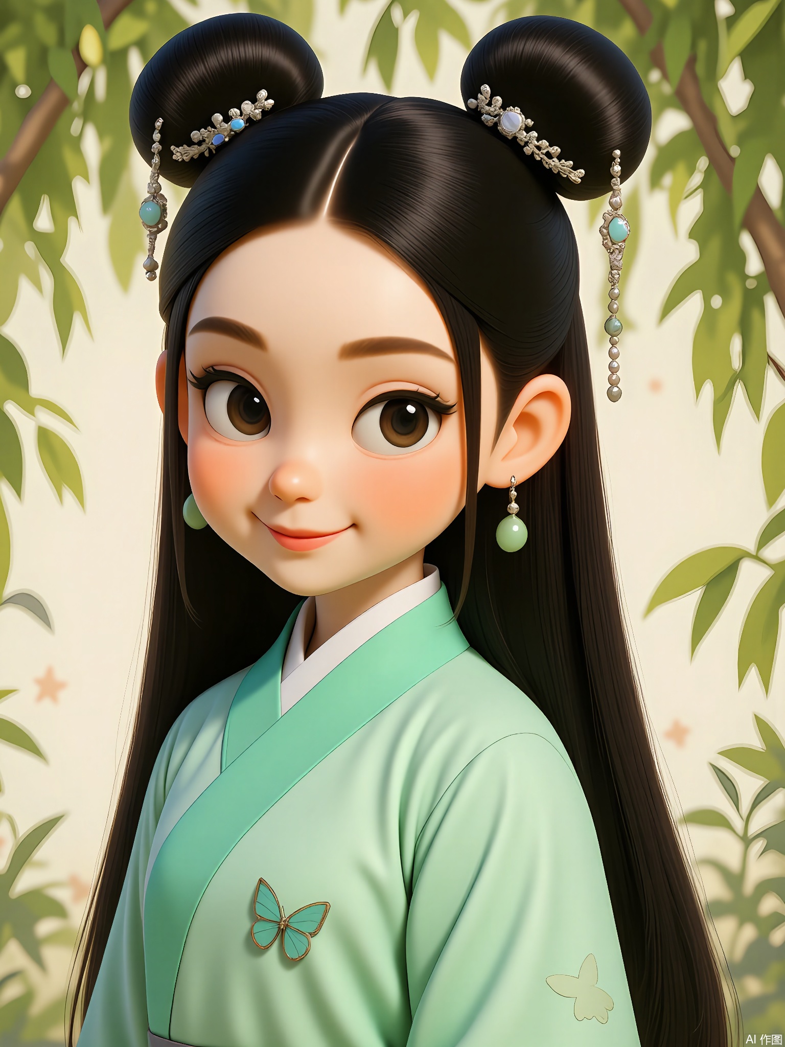 GFRW, A spirited girl with glossy black hair in twin buns, mint-green Hanfu with butterfly motifs, jade hairpin, silver butterfly earrings. Lively smile, blurred willow branch background, dappled spring sunlight.

