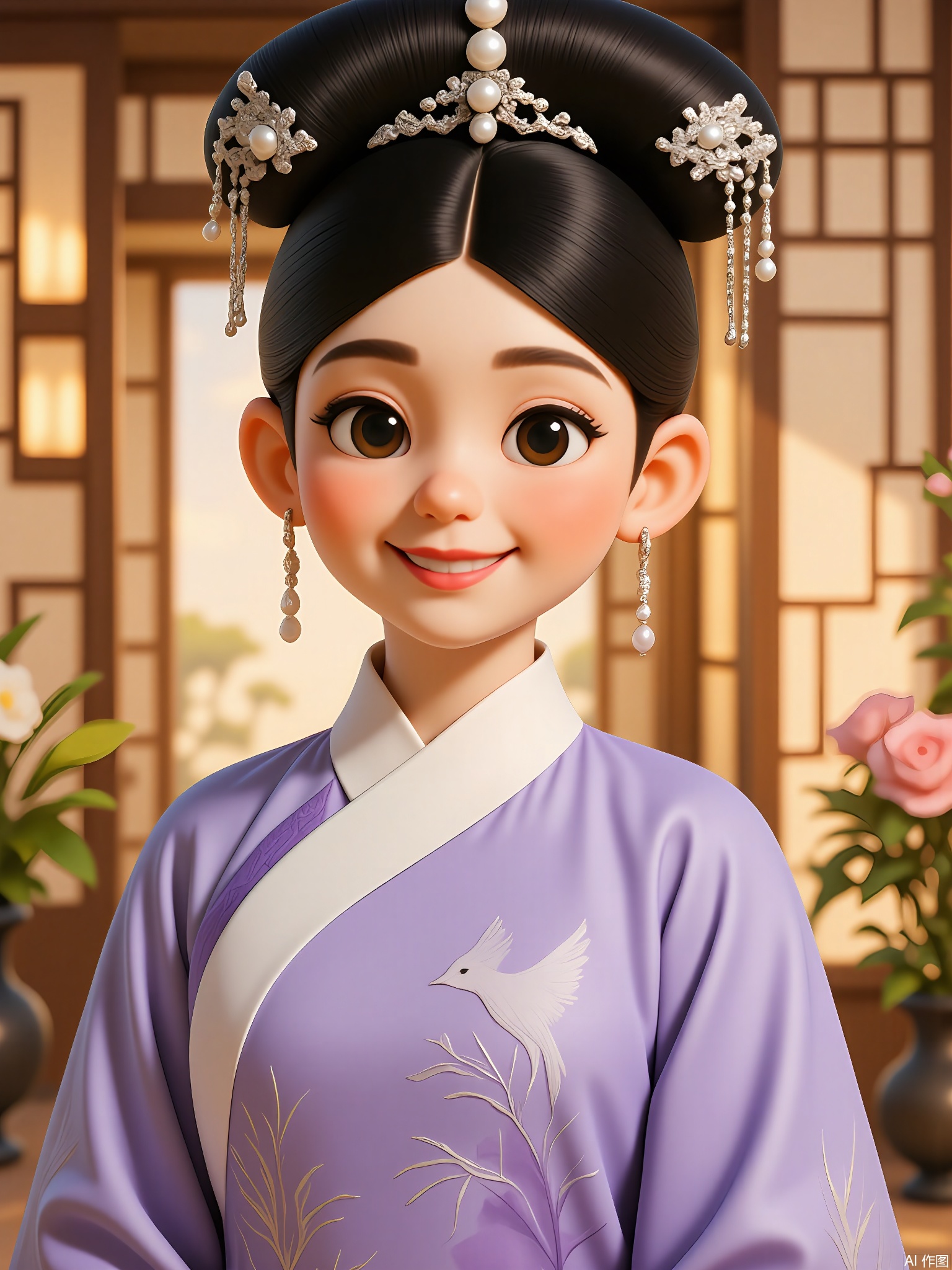 GFRW, A rosy-cheeked girl with obsidian hair in a spiral bun, lavender Qi style dress with crane embroidery, pearl hairpin, silver chain earrings. Playful smile, blurred peony garden lattice background, golden afternoon sun.
