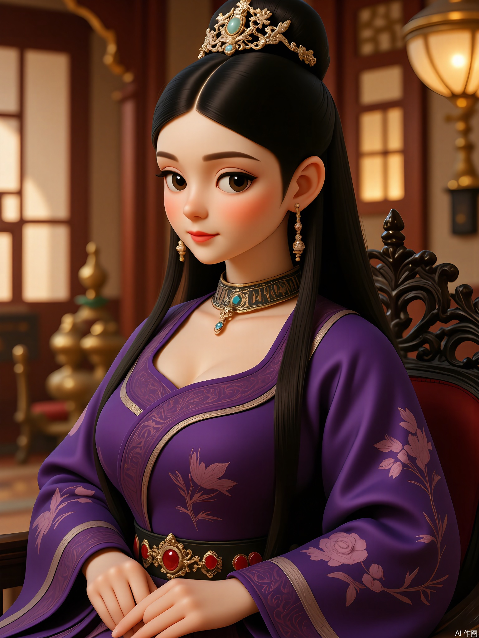 GFRW, A regal woman with raven hair in a phoenix braid, deep purple Tang dynasty gown with peony embroidery, jade hairpin, ruby pendant earrings. Commanding presence, blurred imperial throne background, opulent chandelier light.
