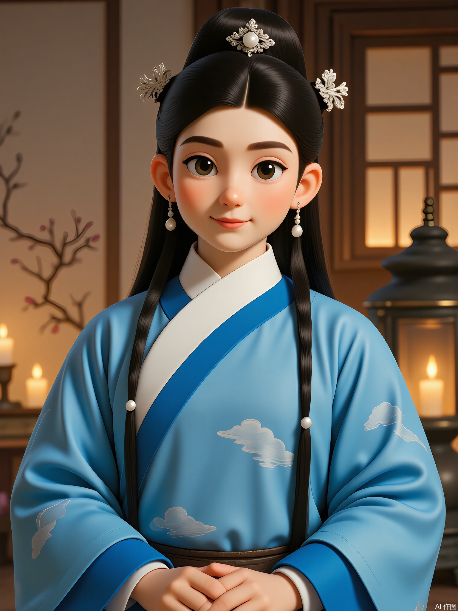 GFRW, A delicate Asian teenager with obsidian tresses in twin braids, azure scholar's robe with cloud motifs, silver hairpin shaped like a lotus, pearl teardrop earrings. Dreamy expression, muted peach-blossom wall backdrop, soft candlelit glow highlighting porcelain skin.
