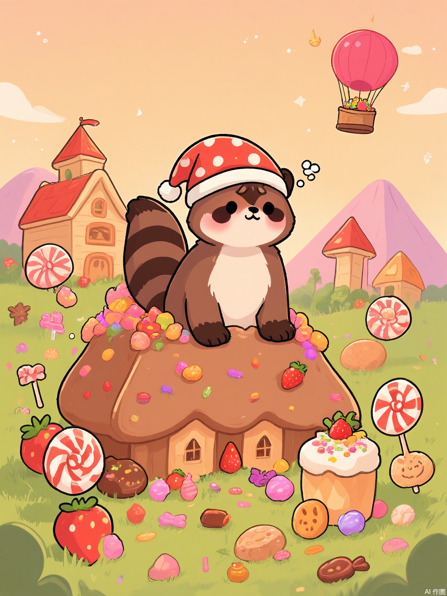 ZYF, A sleepy raccoon in a nightcap floats in a hot air balloon shaped like a strawberry. Below, a candy-colored village with gingerbread houses and licorice roofs sleeps under a twilight sky. A shooting star leaves a trail of sprinkles.
