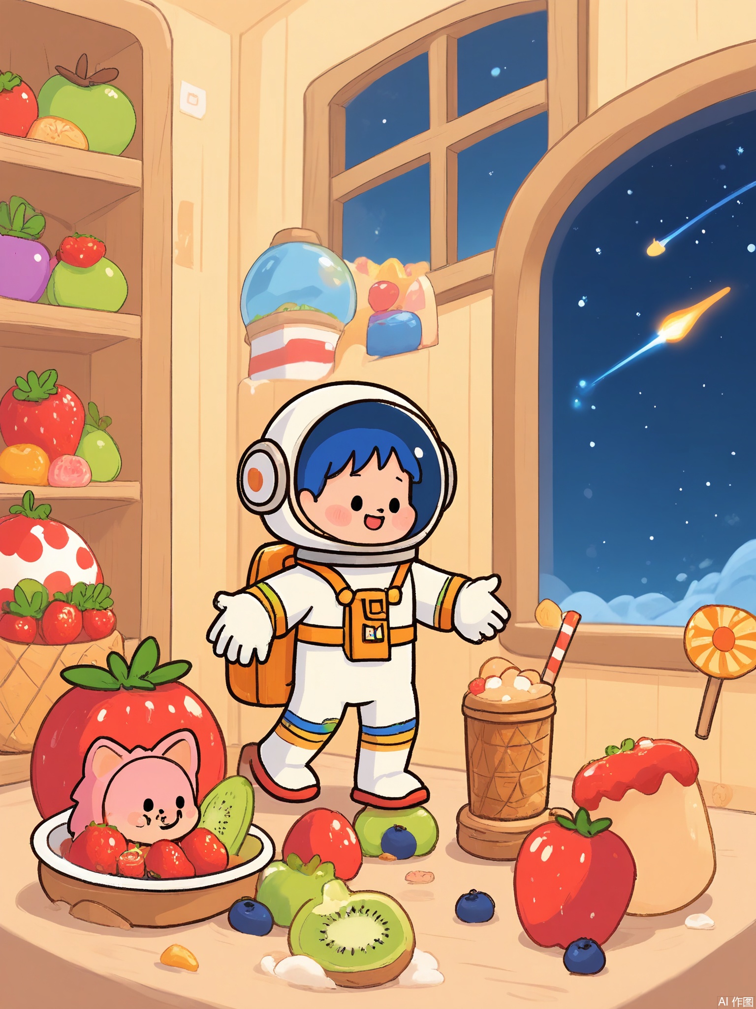 ZYF, A hedgehog in a tiny astronaut suit floats near a space station shaped like a walnut. The station’s windows show planets made of fruit: a strawberry Mars, a kiwi Jupiter, and a blueberry Earth. A comet made of sparkling water trails behind.
