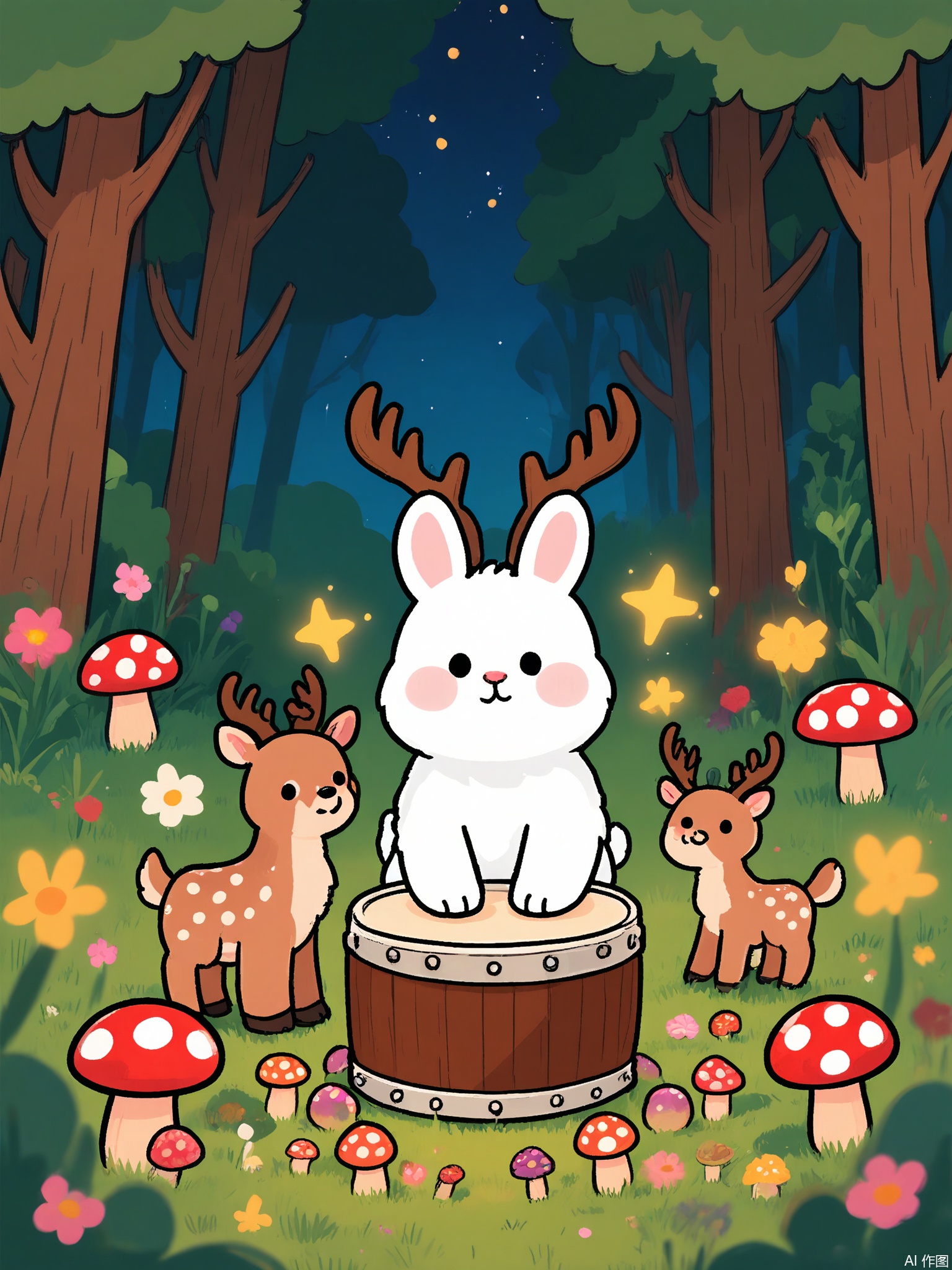 ZYF, A white rabbit with a drum leads a parade of glowing mushrooms through a moonlit forest. The mushrooms’ caps display constellations, and a family of deer with starry antlers follow behind.
