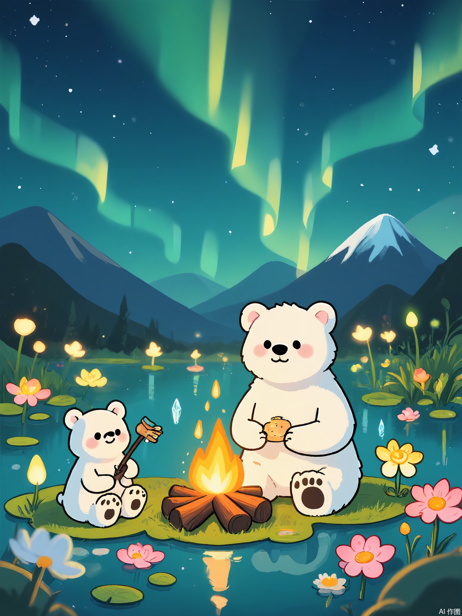 ZYF, A polar bear cub and a penguin share a blanket under a northern lights sky. They roast marshmallows on a stick over a campfire made of ice crystals, while aurora-green light reflects on a frozen lake dotted with glowing lily pads.
