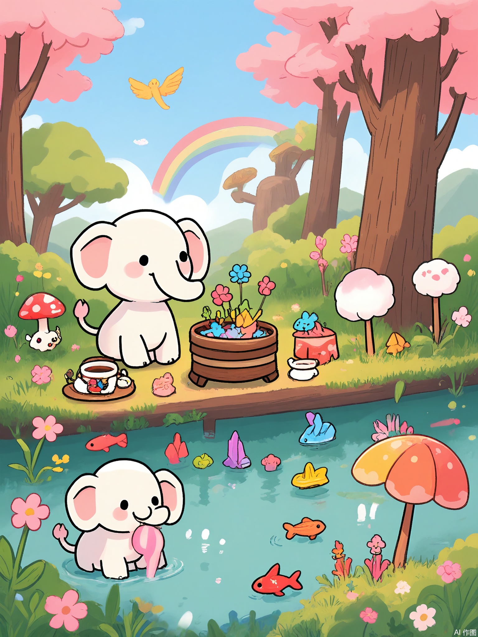 ZYF, A tiny elephant with a rainbow trunk waters a garden of floating islands. Each island hosts a different ecosystem: one has cherry blossom trees with cotton-candy blooms, another holds a teacup pond with origami fish.
