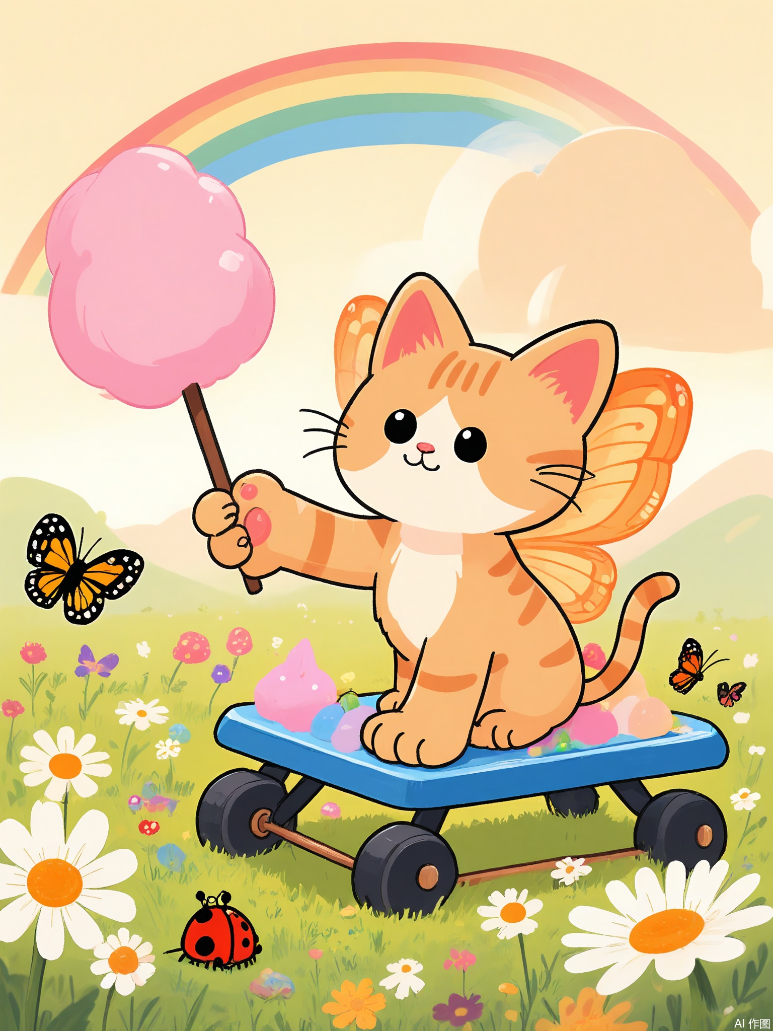 ZYF, A kitten with oversized paws balances on a rainbow-colored seesaw in a meadow of giant daisies. A ladybug perches on its tail, and butterflies with translucent wings flutter around cotton-candy clouds.
