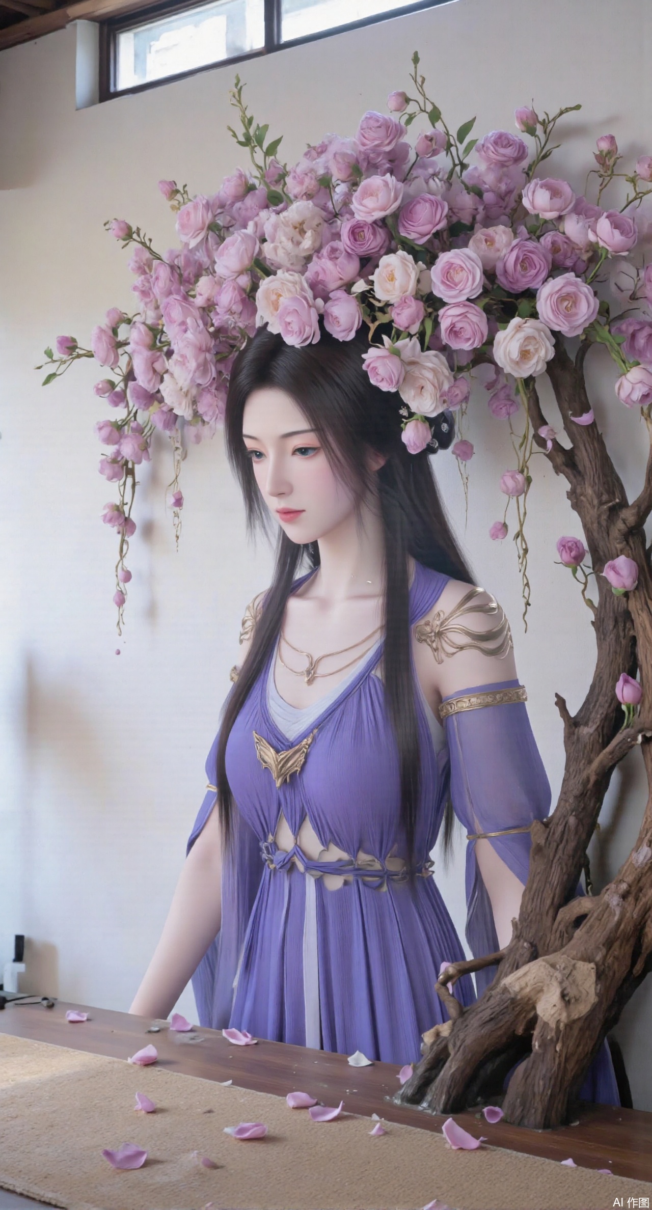 (masterpiece:1.2),best quality,On the front wall,the main body of the wall painting is a portrait of a beautiful woman with long flowing hair.hanfu girl,full body,The hair of the beautiful woman is composed of a large number of luxuriant roses. The flowers are dense and cover the top of the girls head. It seems that I have brought a gorgeous flower hat to the young girl. These flowers cover the whole wall densely. Dense long branches hang down and many petals fall on the ground. The details of the flowers are lifelike,the roots are on one side,the far view is deep,the wide angle is super wide,the real photos,the realistic style,the 32k super clear,and the colors are gorgeous,,XyunyunXY,Xmeining,Xjiangziyue,Xweinina,Xyunxiao,Xxiaoqingxue,Xlenhuan,Xhuajin,Xgufenghuaqiang,XyouqianxueK,XzilingK,Xg36qipaoCOS