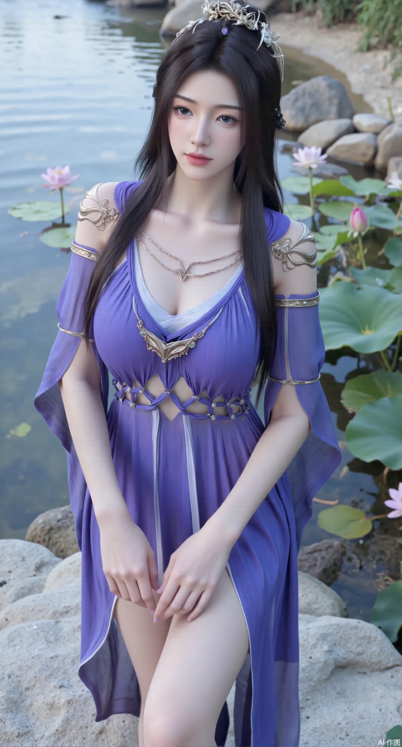 SFW,(masterpiece:1.2),best quality,absurdres,masterpiece,original,extremely detailed wallpaper,perfect lighting,1girl,solo,standing,looking at viewer,(cowboy_shot:1.23),black hair,long hair,long derss,high heels,blurry background,depth of field,motion blur,bare shouders,crystal_earrings,headpiece,hair_tie,chest_jewel,gem,necklace,jewelry,in summer,day,(outdoors,nature,sea:1.29),(Pond, water lilies,rose,beach:1.69),(huge breasts:2.99),(full breasts:2.99),,XyunyunXY,Xmeining,Xjiangziyue,Xweinina,Xyunxiao,Xxiaoqingxue,Xlenhuan,Xhuajin,Xgufenghuaqiang,XyouqianxueK,XzilingK,Xg36qipaoCOS,Xxiuhefu,Xqianmu