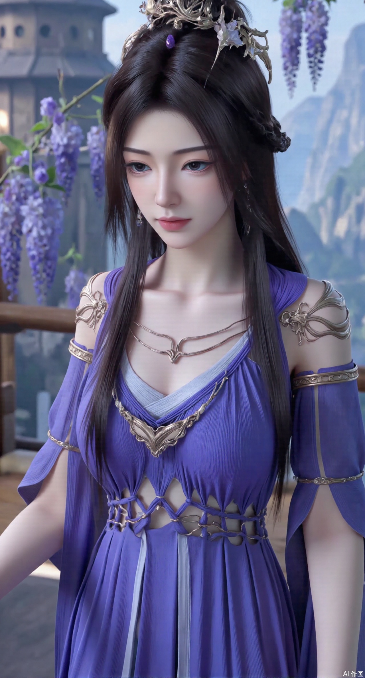 SFW,(masterpiece, top quality, best quality, official art, beautiful and aesthetic:1.2),Realistic,long dress,(Traditional Asian-inspired attire with a vibrant floral accessory and intricate hair ornament),realistic,hanfu photography,hanfu,1girl,fair_skin,glamor,very long hair,absurdres,incredibly absurdres,wallpaper,artbook,chinese_style_loft,turret,tower,handrail,plant,wisteria,spider_lily,face_focus,dynamic_angle,depth of field,looking_at_viewer,(huge breasts:2.99),(full breasts:2.99),(Hydrangea, hydrangea sea:1.59),,XyunyunXY,Xmeining,Xjiangziyue,Xweinina,Xyunxiao,Xxiaoqingxue,Xlenhuan,Xhuajin,Xgufenghuaqiang,XyouqianxueK,XzilingK,Xg36qipaoCOS,Xxiuhefu,Xqianmu,Xchuchu