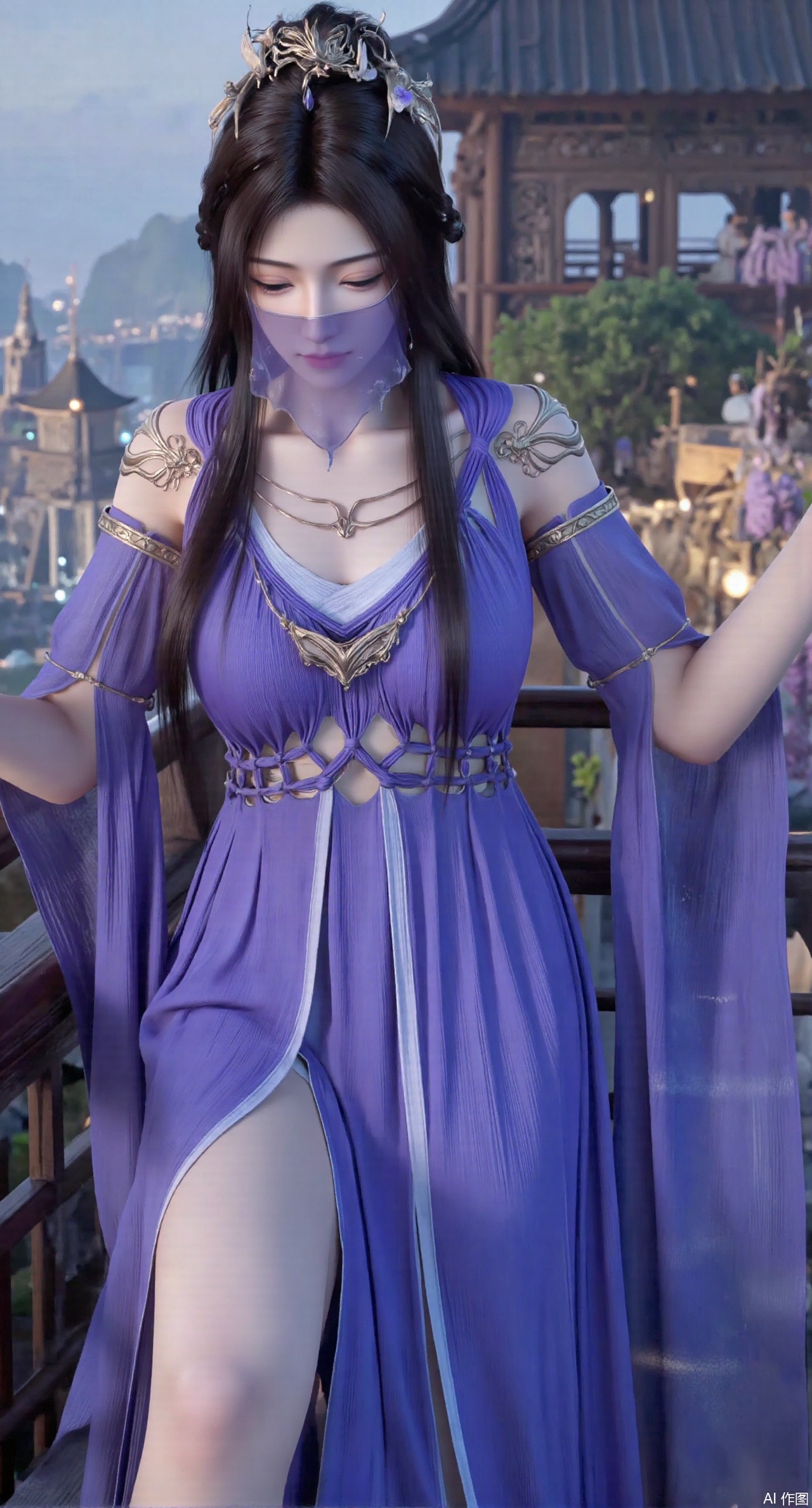 SFW,(masterpiece, top quality, best quality, official art, beautiful and aesthetic:1.2),Realistic,long dress,(Traditional Asian-inspired attire with a vibrant floral accessory and intricate hair ornament),realistic,hanfu photography,hanfu,1girl,fair_skin,glamor,very long hair,absurdres,incredibly absurdres,wallpaper,artbook,chinese_style_loft,turret,tower,handrail,plant,wisteria,spider_lily,face_focus,dynamic_angle,depth of field,looking_at_viewer,(huge breasts:2.99),(full breasts:2.99),(Hydrangea, hydrangea sea:1.59),,XyunyunXY,Xmeining,Xjiangziyue,Xweinina,Xyunxiao,Xxiaoqingxue,Xlenhuan,Xhuajin,Xgufenghuaqiang,XyouqianxueK,XzilingK,Xg36qipaoCOS,Xxiuhefu,Xqianmu,Xchuchu