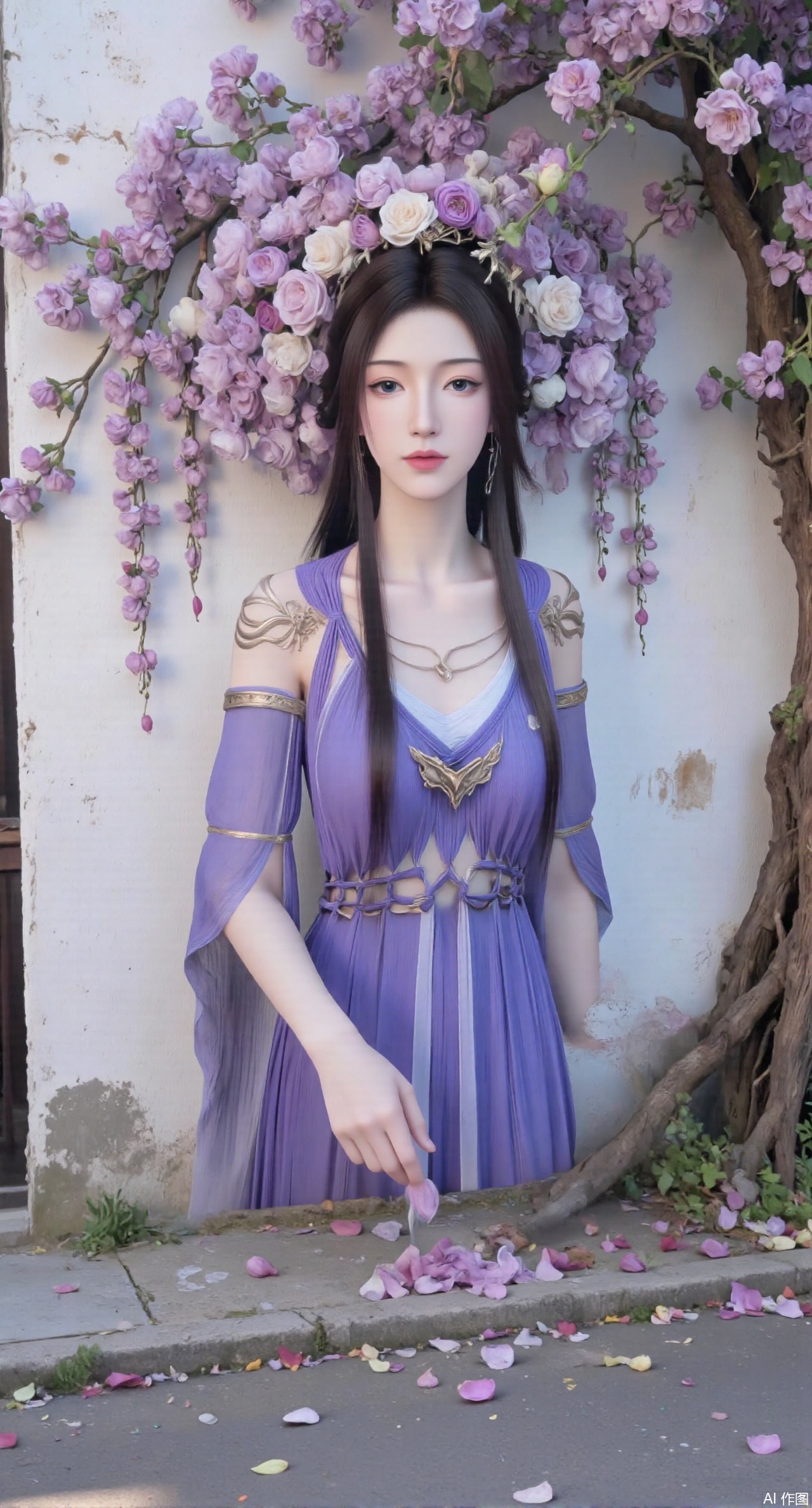 (masterpiece:1.2),best quality,On the front wall,the main body of the wall painting is a portrait of a beautiful woman with long flowing hair.hanfu girl,full body,The hair of the beautiful woman is composed of a large number of luxuriant roses. The flowers are dense and cover the top of the girls head. It seems that I have brought a gorgeous flower hat to the young girl. These flowers cover the whole wall densely. Dense long branches hang down and many petals fall on the ground. The details of the flowers are lifelike,the roots are on one side,the far view is deep,the wide angle is super wide,the real photos,the realistic style,the 32k super clear,and the colors are gorgeous,,XyunyunXY,Xmeining,Xjiangziyue,Xweinina,Xyunxiao,Xxiaoqingxue,Xlenhuan,Xhuajin,Xgufenghuaqiang,XyouqianxueK,XzilingK,Xg36qipaoCOS