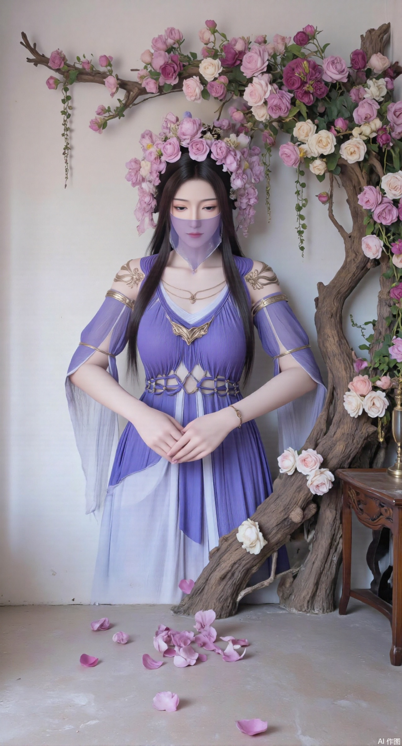 (masterpiece:1.2),best quality,On the front wall,the main body of the wall painting is a portrait of a beautiful woman with long flowing hair.hanfu girl,full body,The hair of the beautiful woman is composed of a large number of luxuriant roses. The flowers are dense and cover the top of the girls head. It seems that I have brought a gorgeous flower hat to the young girl. These flowers cover the whole wall densely. Dense long branches hang down and many petals fall on the ground. The details of the flowers are lifelike,the roots are on one side,the far view is deep,the wide angle is super wide,the real photos,the realistic style,the 32k super clear,and the colors are gorgeous,,XyunyunXY,Xmeining,Xjiangziyue,Xweinina,Xyunxiao,Xxiaoqingxue,Xlenhuan,Xhuajin,Xgufenghuaqiang,XyouqianxueK,XzilingK,Xg36qipaoCOS